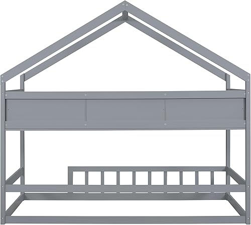 Miniatura 7 de Cama de casa de tamaño individual con valla y techo para niños, adolescentes, niñas, niños, cama de piso de madera, camas Montessori, marco de cama