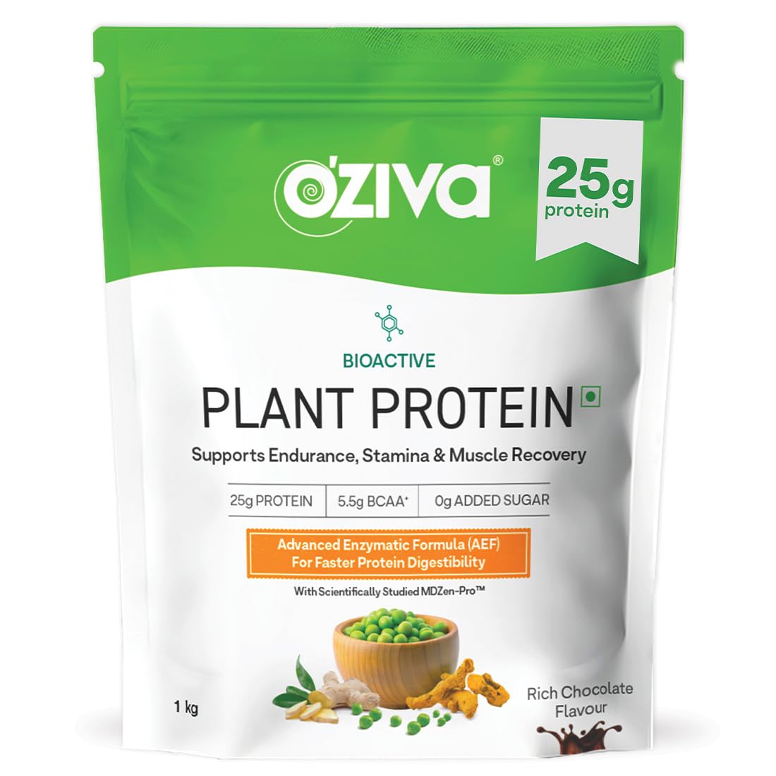 OZiva Bioactive Plant Protein (Chocolate) 1kg | 25g Protein,5.5 BCAA| Pea Isolate| Plant based Protein Powder for Women & Men | Essential Amino Acids| Vegan Protein supplement, Clean, Sugar free
