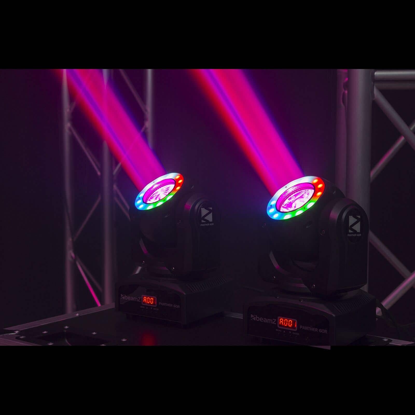 BeamZ Panther 60R Cabeza móvil RGBW con anillo LED RGB, 60 vatios, iluminación de escenario, DMX, sistema de iluminación al ritmo de la música, sistema de iluminación para DJ - Color negro