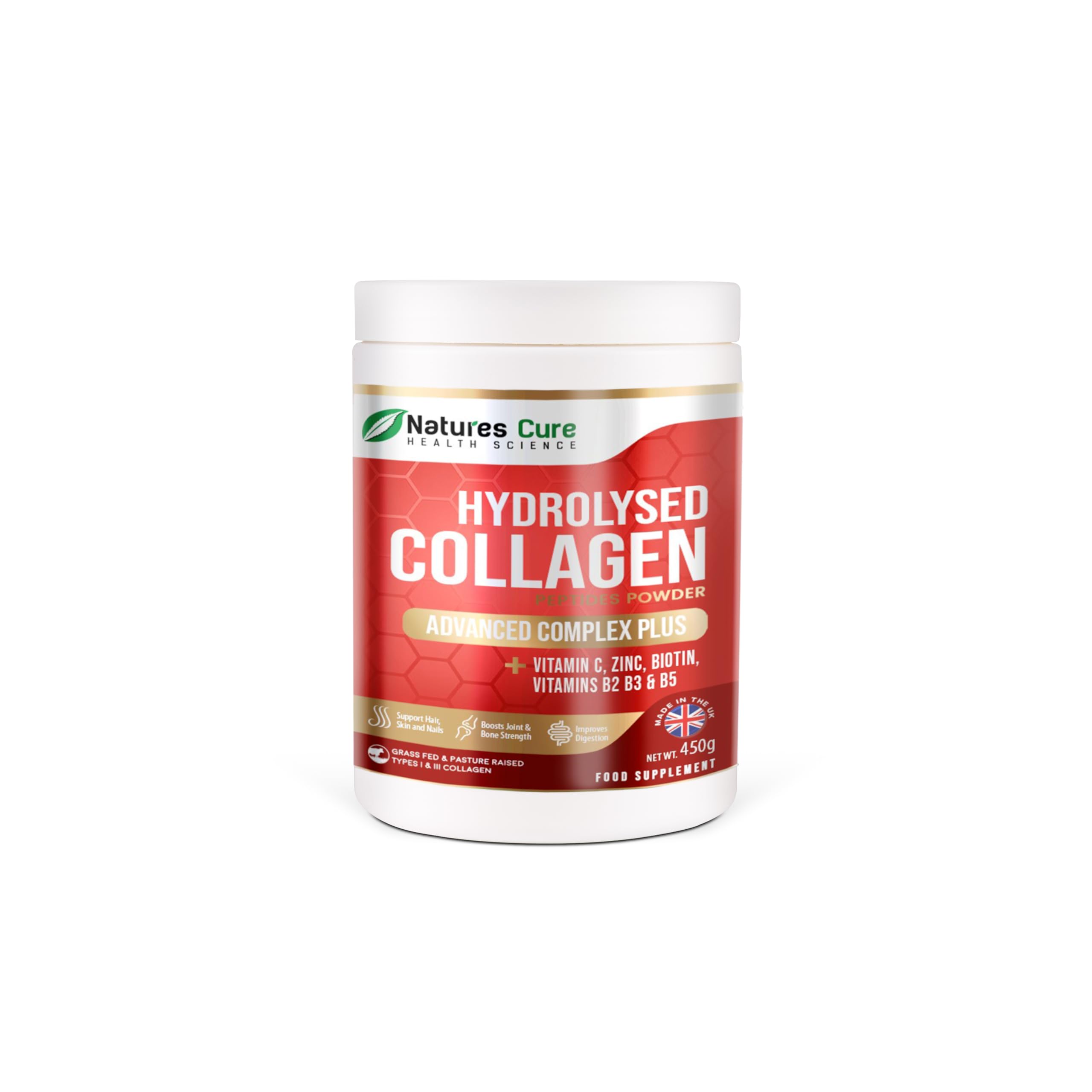 Premium Collagen Powder Complex – Bovine Collagen Peptides 450g- Enriched with Essential B Vitamins, Vitamin C, Zinc & Biotin – Pure Hydrolysed Collagen Supplement – by Natures Cure