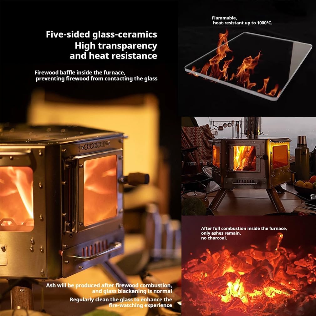 Hexagon Wood Stove with 5-Side Panoramic Glass & Airwash, 6-Sided Tent Heater for Camping, 304 Stainless Steel, Outdoor Backyard Patio Warmer and Cooker