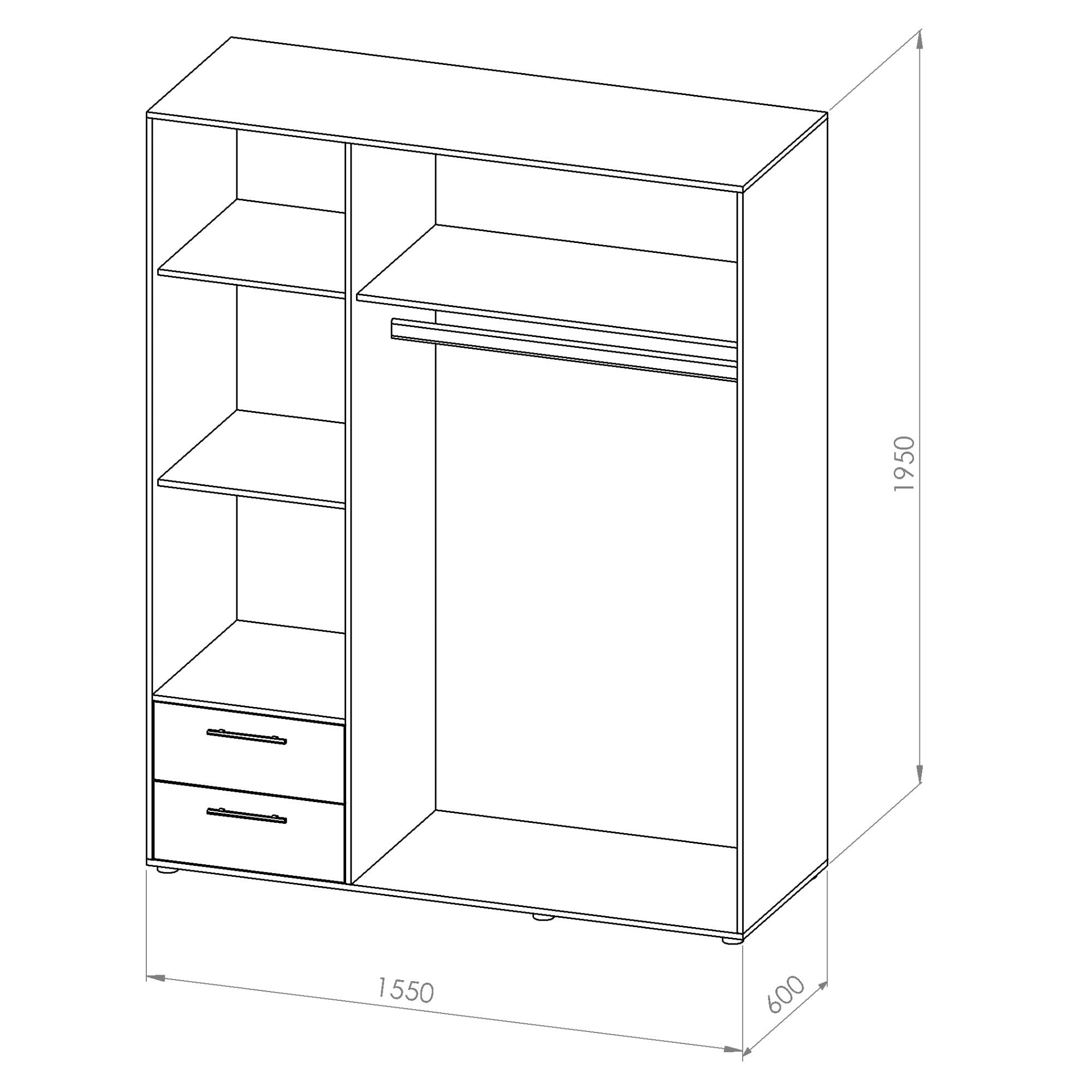 VALENCIA Kleiderschrank Drehtürenschrank 3-türig Beton Weiß 155 x 195 x 60 | Geräumiger Schrank für Schlafzimmer, mit viel Stauraum zur Aufbewahrung von Kleidung, Korpus in Beton Optik Weiß