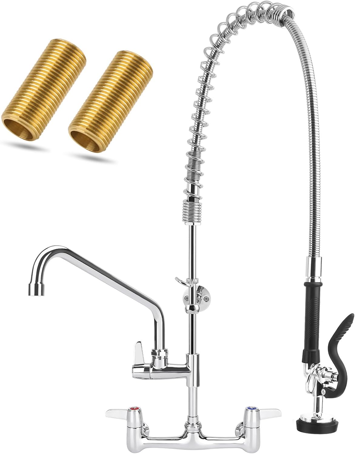 Commercial Faucet with Sprayer, 25 Inch Height Commercial Sink Faucet Wall Mount with 8" Adjustable Center and 12" Add-on Swing Spout & Pull Down Pre Rinse Sprayer