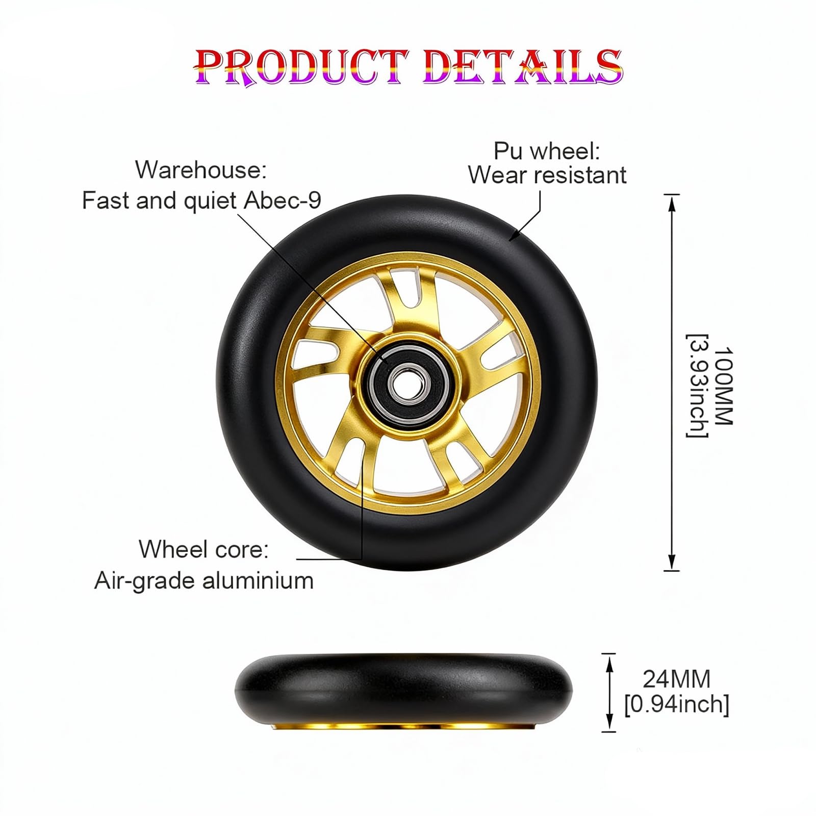 Kółka Pro Stunt Scooter 100 mm z łożyskami ABEC 9, kompatybilne z 2 kołami do skuterów, kompatybilne z Razor/Apollo/Cox Swain i większością skuterów (złoty)