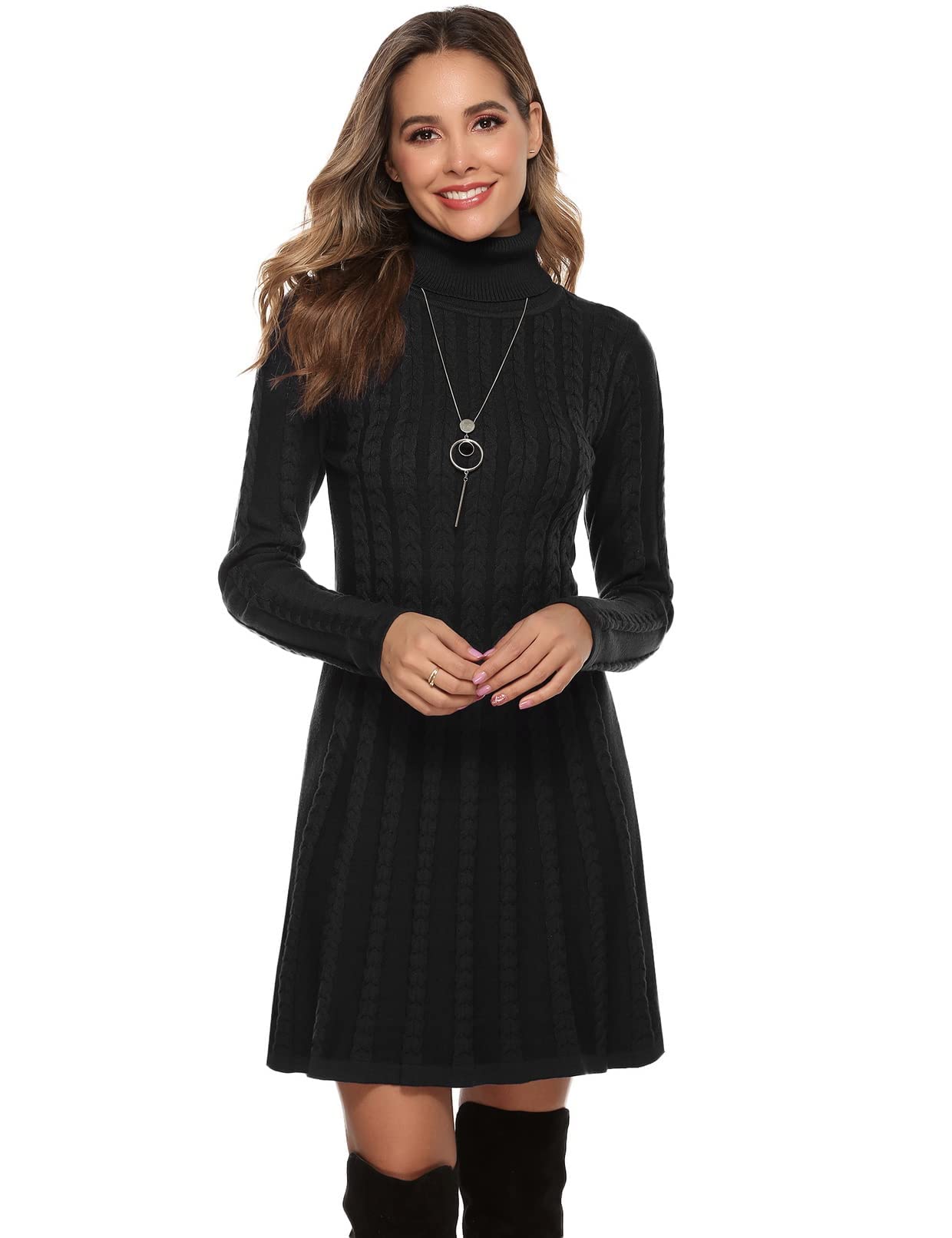 Gyabnw Vestito Casual Donna Invernale in Maglione Abito Vita Alta Elegante in Girocollo di Orlo Svasato Abito Linea A in Maglia al Ginocchio Caldo di Moda Treccia Ritorta