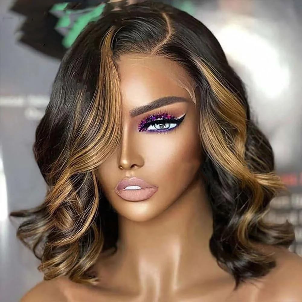 13x4 lace Short Bob Shine Highlight Strawberry Honey Blonde 1B/27 Colored HD Transparent Lace Front Wig 150% Density Glueless Wig 100% Human Hair Wigs Brazilian remy hair For Black Women Pre Plucked