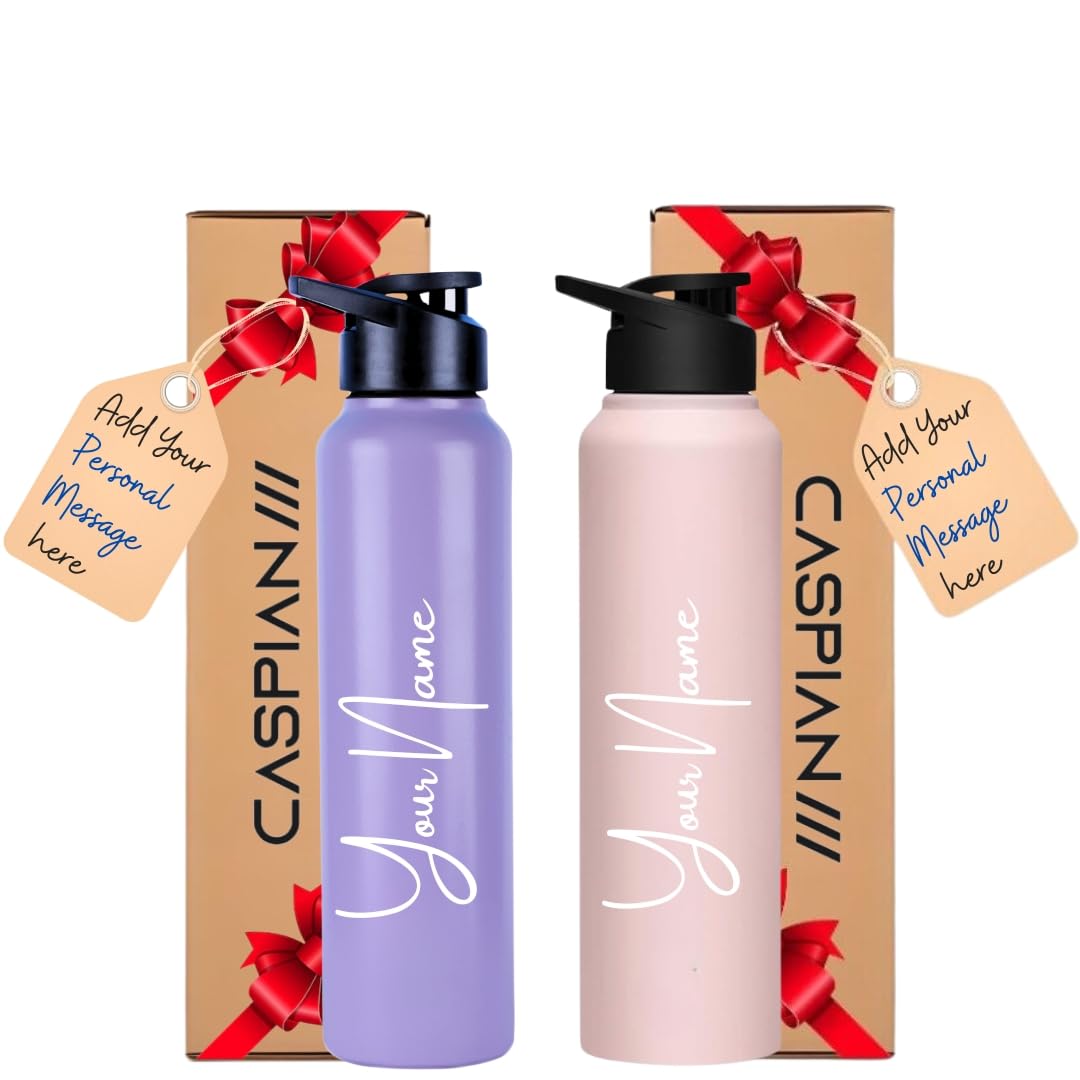 Caspian Hike Customised Stainless Steel Water Bottle 1L, Combo LP & LP with Logo Print - Personalised Water Bottle with Your Name Print for School Office Gym- Perfect for Corporate Gifting (Set of 2)