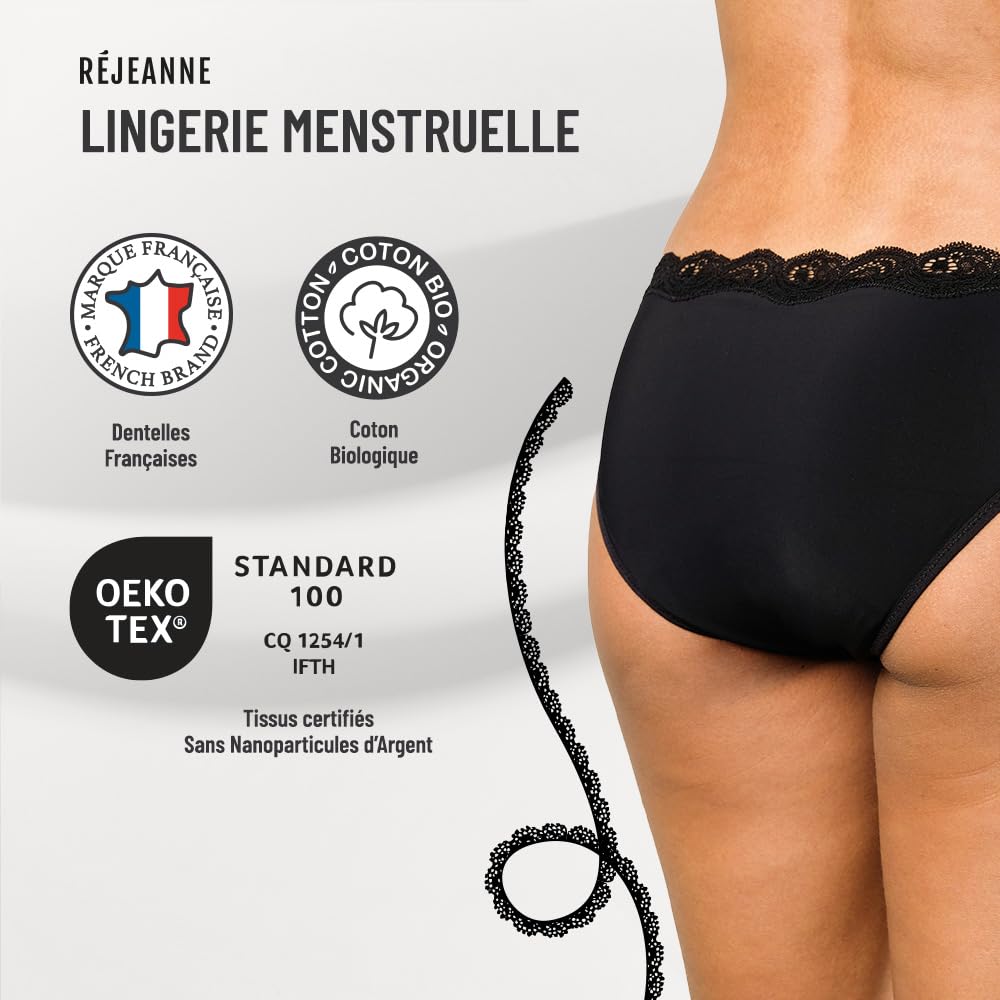 Rejeanne Mutandina mestruale a Flusso Abbondante (3-4 tamponi), Elegante con Pizzo, Alta qualità, Marca Francese, Cotone Biologico, Nero, 36