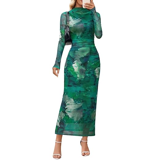 MEROKEETY Women's Long Sleeve Fall Wedding Guest Dress 2025 Bodycon Floral Mesh Ruched Cocktail Maxi Dresses