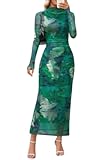 Women&apos;s Long Sleeve Fall Wedding Guest Dress 2025 Bodycon Floral Mesh Ruched Cocktail Maxi Dresses