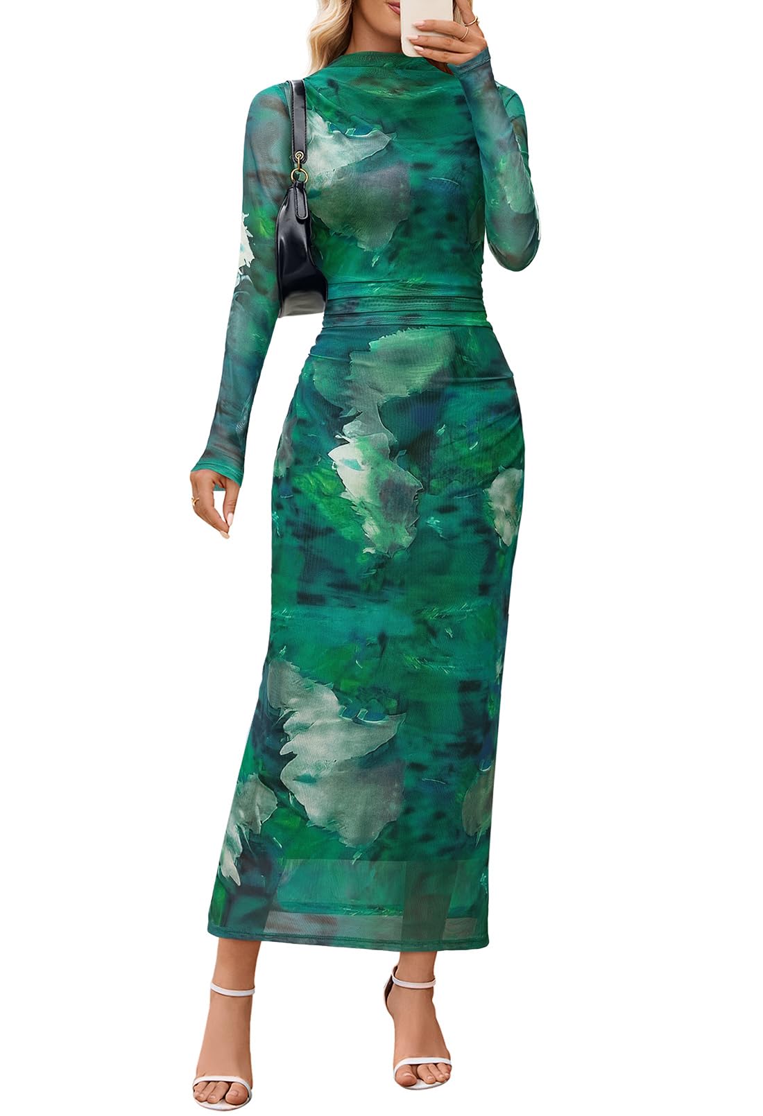 MEROKEETY Womens Spring Wedding Guest Dress 2026 Long Sleeve Bodycon Floral Mesh Fall Cocktail Holiday Party Maxi Dresses