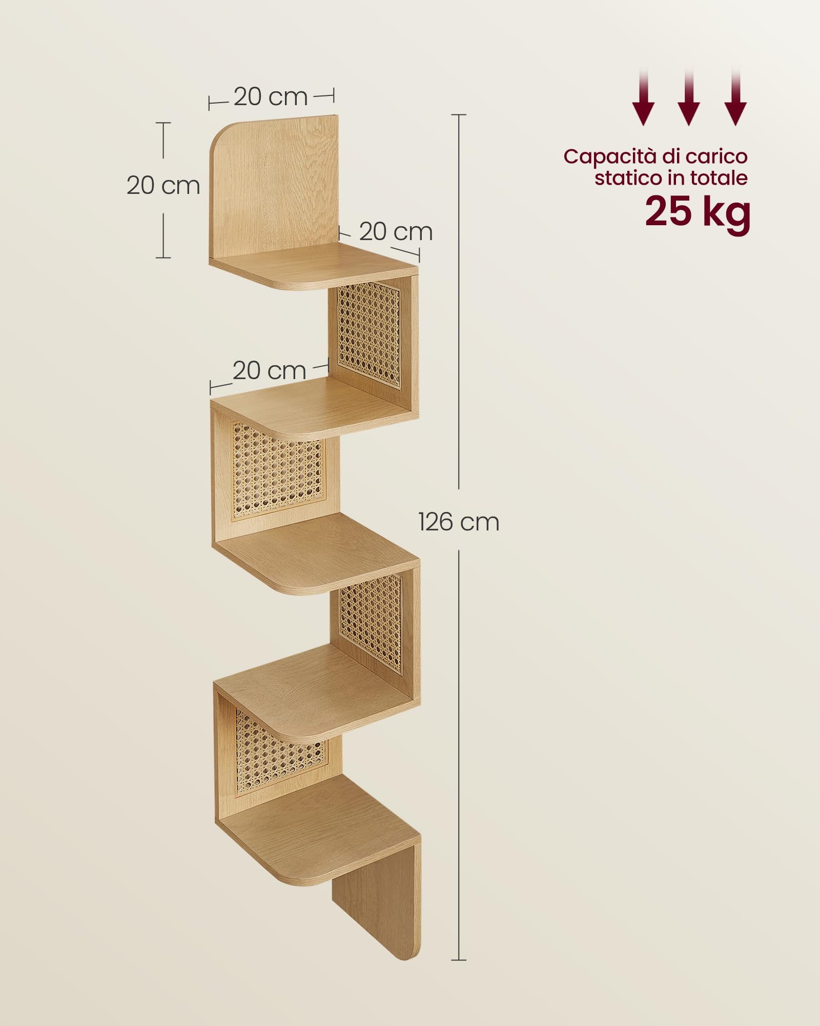 VASAGLE Libreria Angolare, Mensola Angolare da Muro a 5 Ripiani, Portante di 25 kg, Lati in Rattan PVC, Scaffale Compatto, Cucina Camera da Letto Soggiorno, Stile Boho, Beige Rovere LLS582Y57