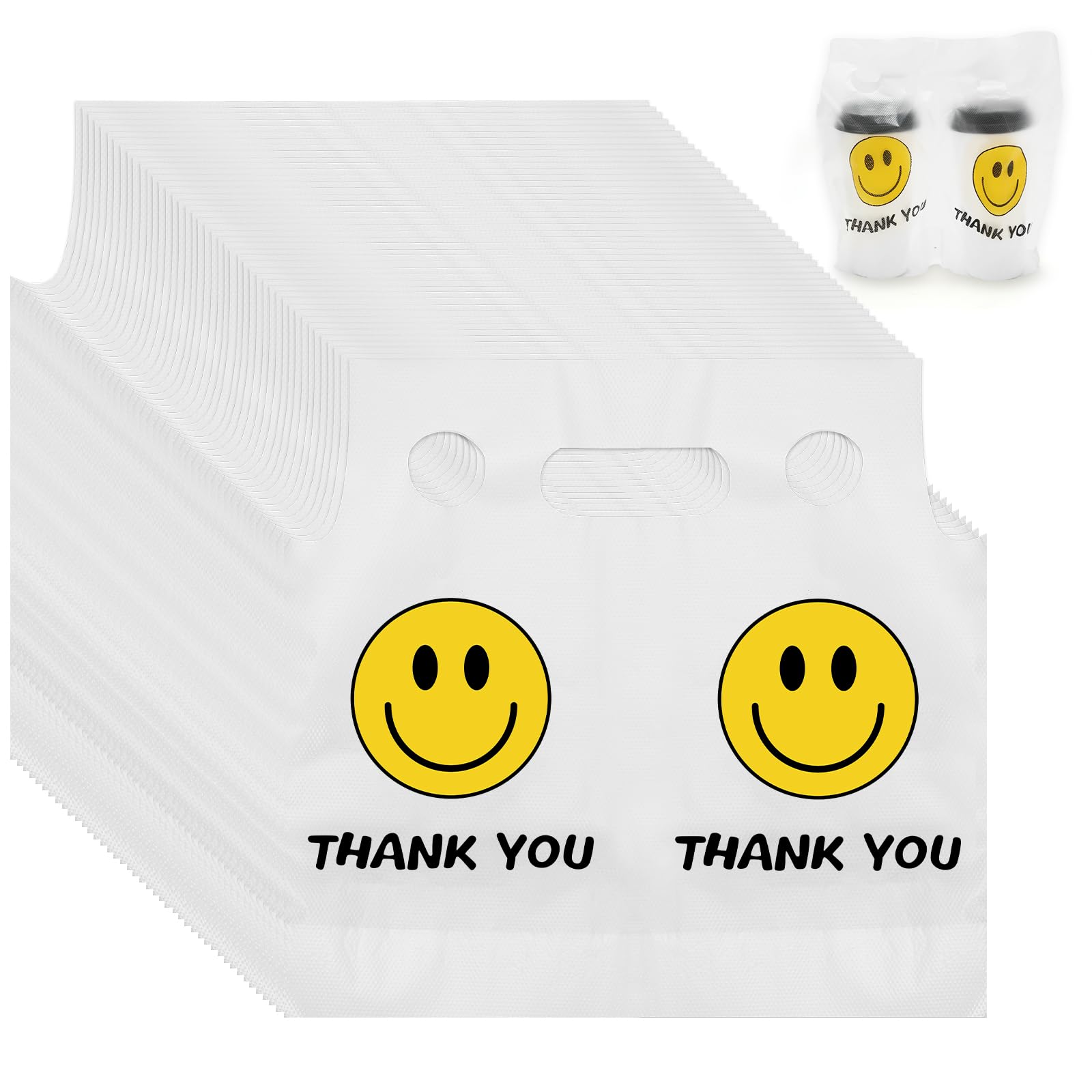 Whaline 1000 Count Thank You Handle Drink Bags 2 Cups Smile Face Plastic Packaging Poly Bag Carriers for Delivery Take Out Cup Holder Beverage Coffee