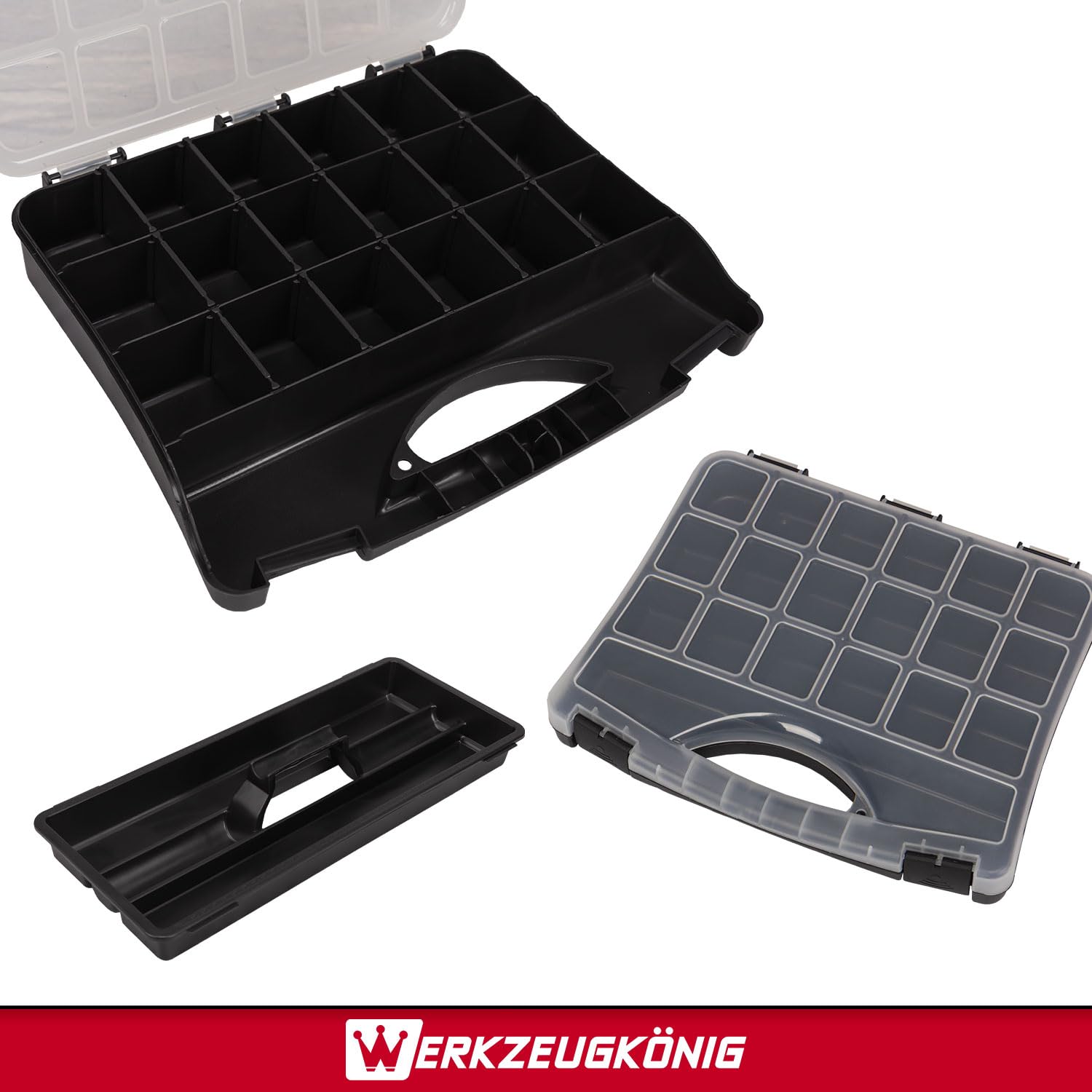 Werkzeugtrolley 4 Teile Stahlblech Rot pulverbeschichtet - 1 Werkzeugkoffer, 2 schmale Schubladen, 1 hohe Schublade, 1 großes Klappfach - gratis Kleinteilekoffer