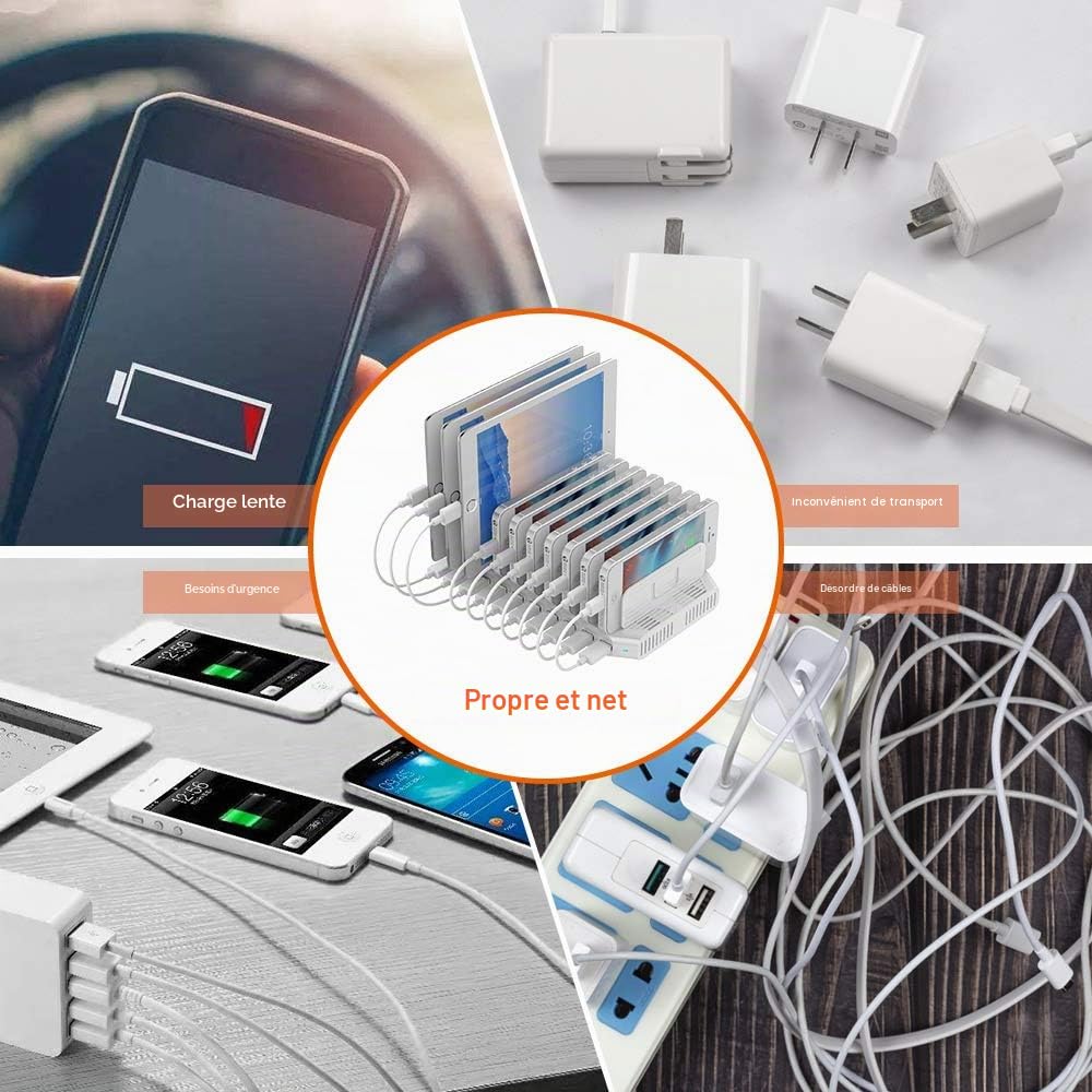 Alxum 96W 10 Ports Chargeur USB Multi-périphérique avec Supports réglables | Charge intelligente. 11 supports réglables. Téléphones & tablettes. Protection intégrée. Idéal maison & bureau.
