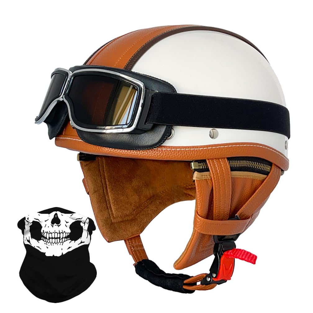 Demi Casque De Moto avec Lunettes Léger Casque Jet Rétro, Demi-Casque Moto Cuir Vintage Homologué ECE, Boucle à Dégagement Rapide Réglable Casque Ouvert pour Scooter Vélo Cruiser