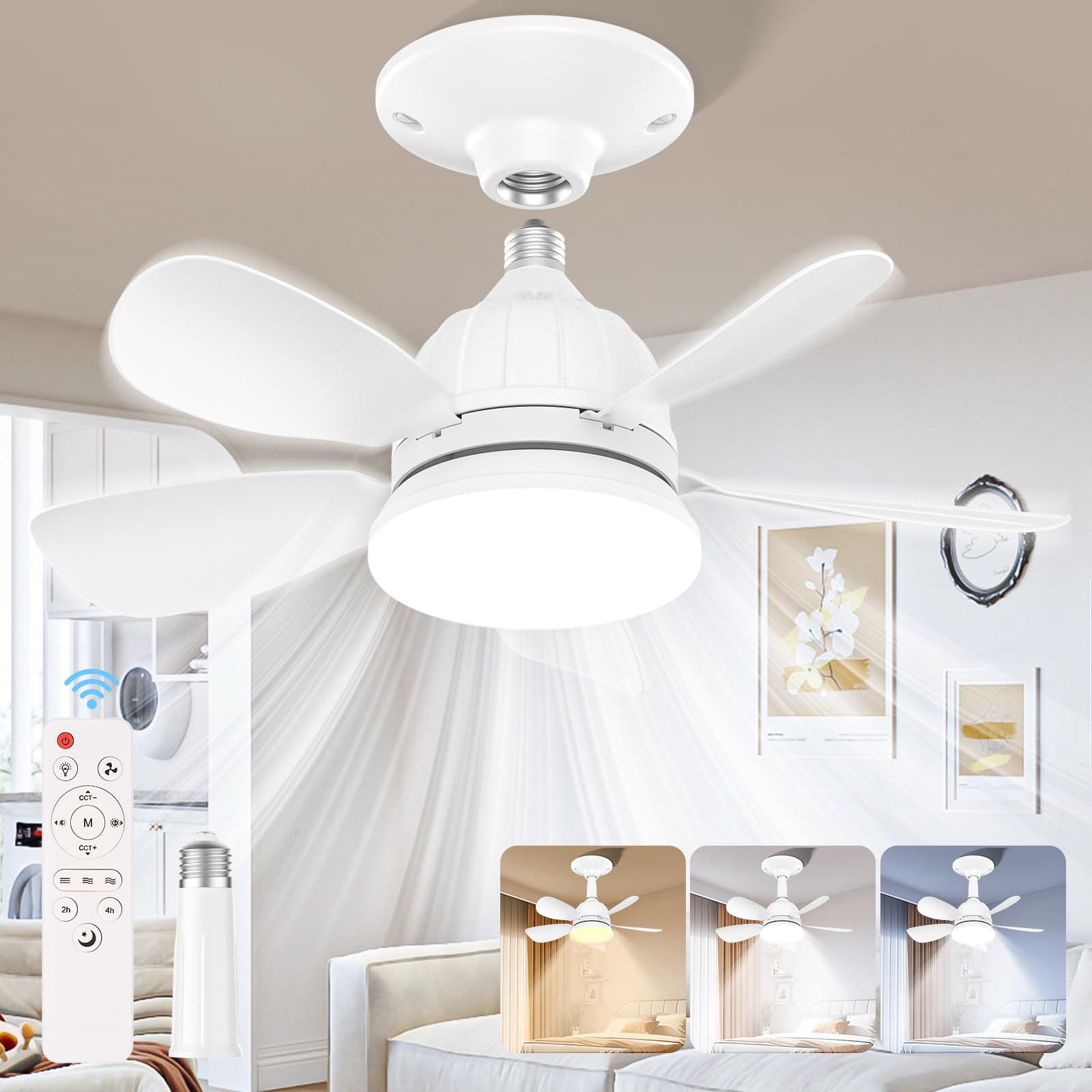 Birnetek® Ceiling Fans with Lights, Ceiling Fans with Remote Control, E27 30W 3000-6500K Ceiling Fans Lamp, 3-Speed, Dimmable, 2/4H Timing, for Bedroom, Dorm, Living Room