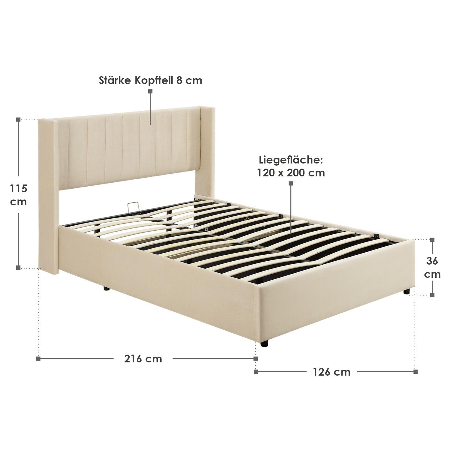 Juskys Lit rembourré Savona 120x200 cm avec Coffre, sommier à Lattes, Housse en Velours, Cadre de lit en Bois, jusqu'à 250 kg, Grande tête de lit, Beige