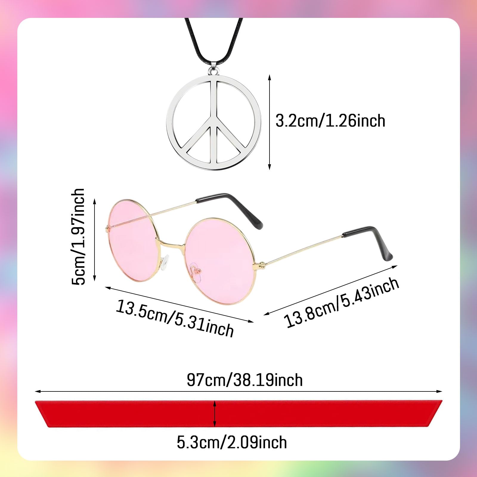 SAIIURV 4 Pcs Hippie Costumes T-Shirt Sunglasses Peace Necklace Headband, Mens & Womens Pop Hippie 70s Disco - Image 3