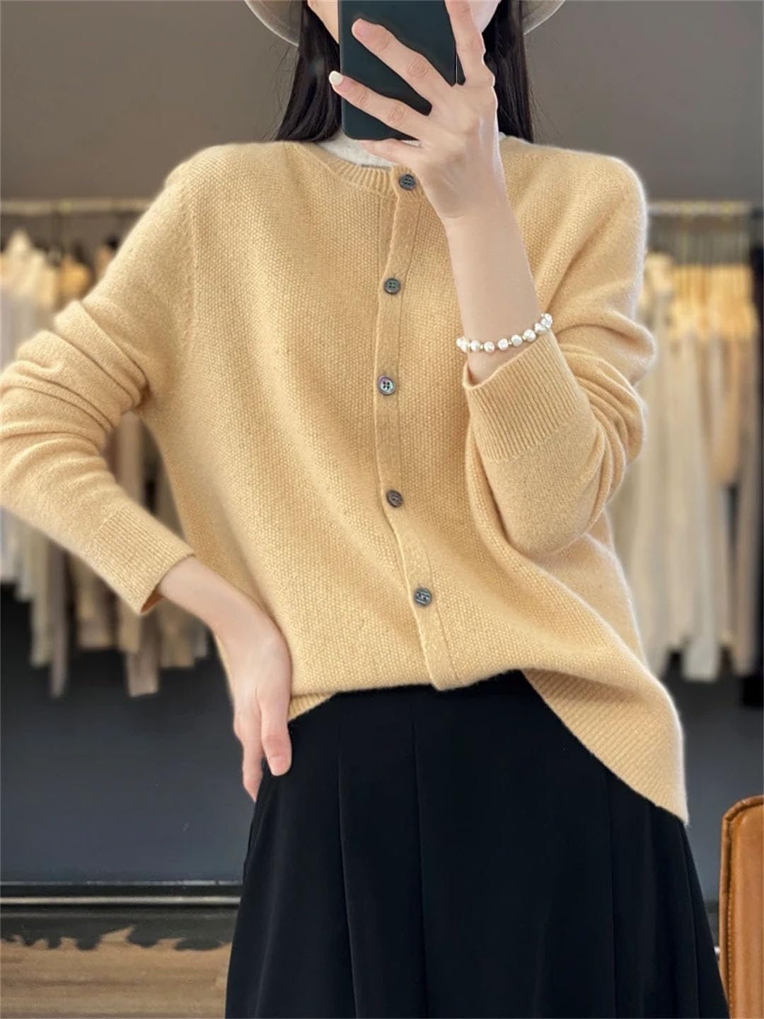 Cardigan da donna con scollo rotondo, a maniche lunghe, in lana e cashmere