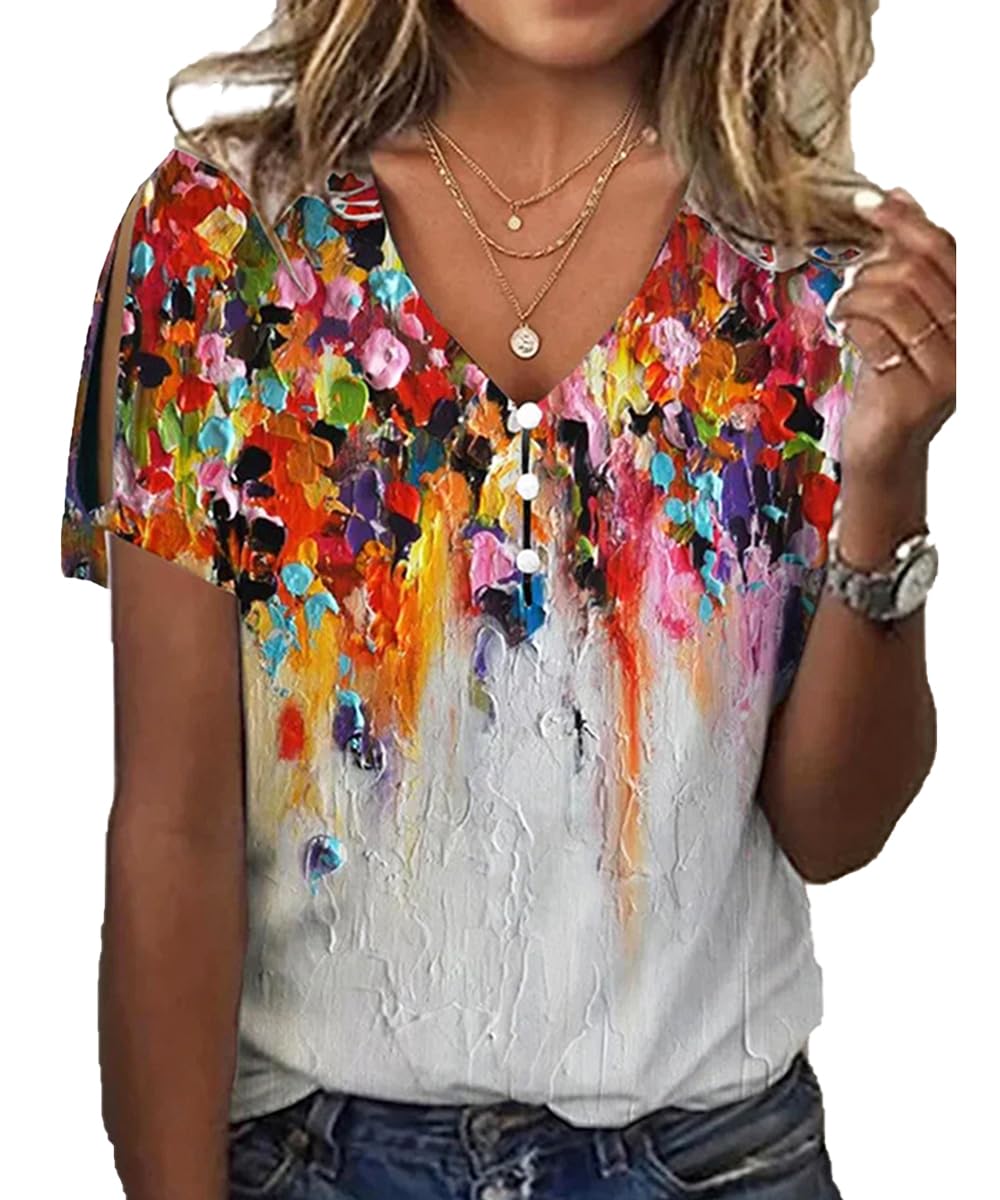 Yeenily Camiseta Mujer Manga Corta Moda Verano Camisa Cuello en V Vintage Estampado Playa T-Shirt Elegantes Blusas Tops Casual Clásica Básica tee