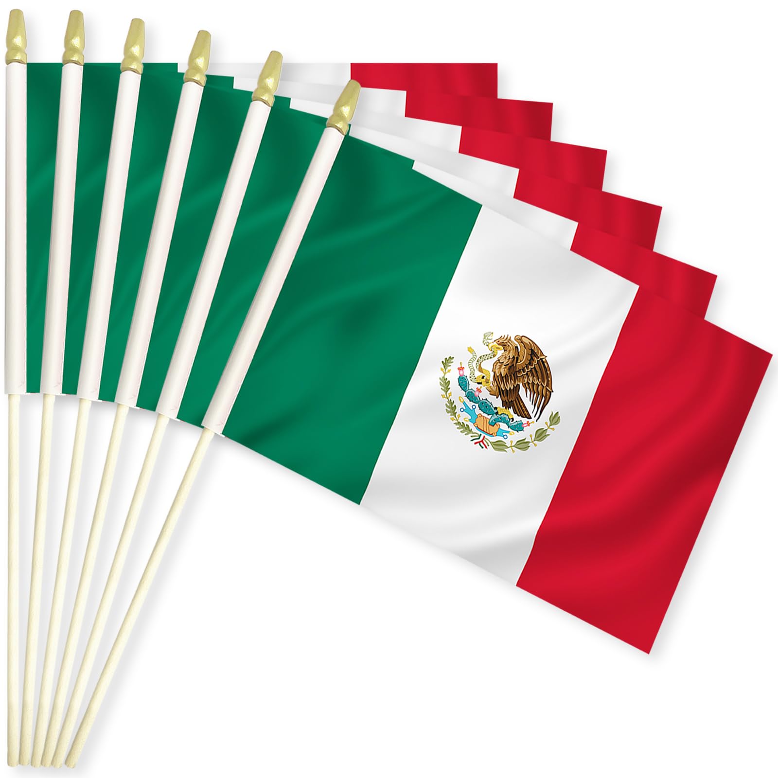 Paquete de 20 banderas mexicanas de mano de 5 x 8 pulgadas, pequeñas banderas de México en palos de madera con parte superior de lanza dorada, mini bandera mexicana para el Cinco de Mayo, Día de la