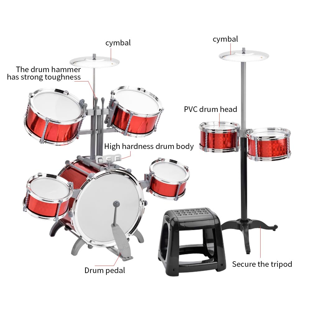 Set di batteria Batteria Jazz Drum Kit con Sgabello 7 Batterie Strumenti a Percussione Musicali per Principianti PVC ispessito Pelle di tamburo Facile installazione