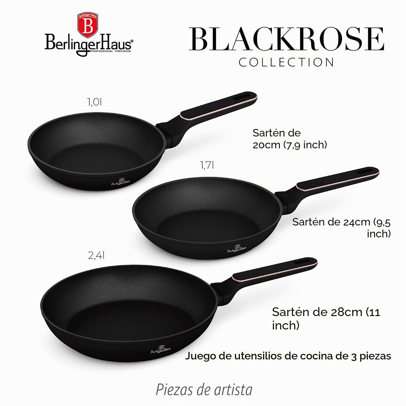Berlinger Haus Juego de Sartenes Antiadherentes (3 Piezas) - Aluminio Forjado, TitanPro, Inducción, Mango Ergonómico, Negro/Rosa, Colección Black Rose