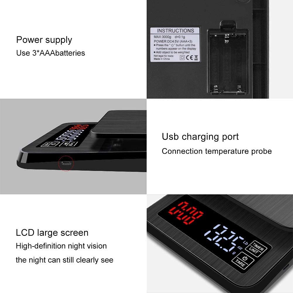 Balance Électronique Intelligente De Haute Précision 0,1 G Balance De Cuisine Multifonction en Acier Inoxydable avec Affichage LED Et Fonction De Chronométrage,5000/0.1G