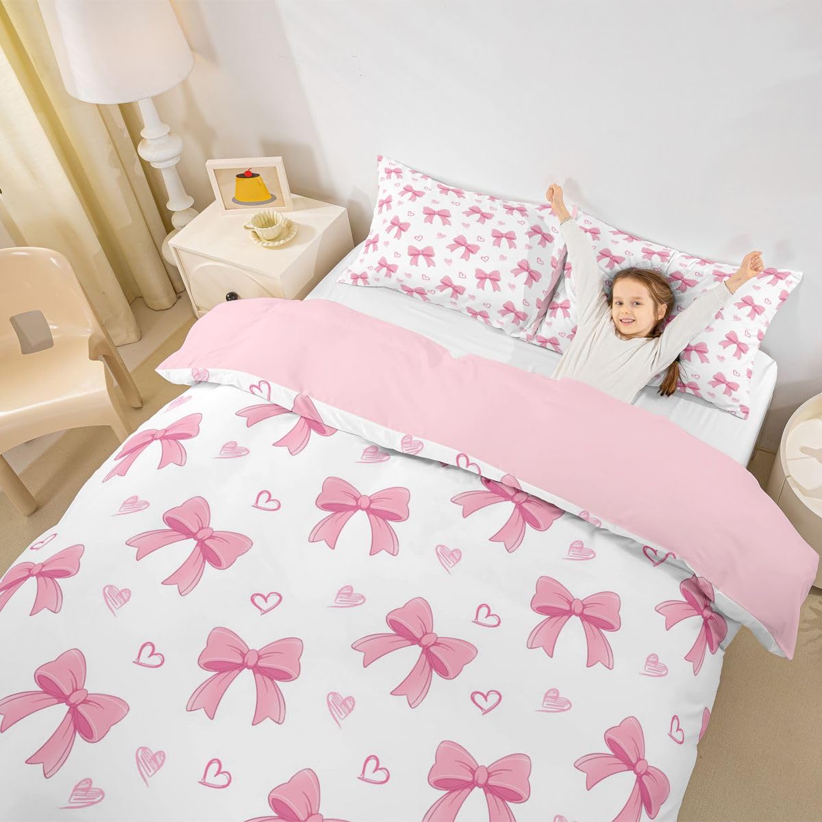 Homewish Księżniczka wstążka kokarda kokarda super king pościel marzycielski uroczy zestaw poszewek na kołdrę różowa poszewka na kołdrę miłość serca zestawy łóżek