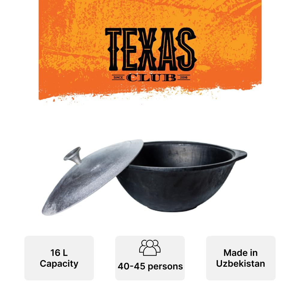 Texas Club Żeliwo Kazań 16 L | Garnek żeliwny Uzbecki Kazań z aluminiową pokrywką | Mistrz wagi ciężkiej w kuchni na świeżym powietrzu | Camping Kazań Garnek do gotowania Plov na kuchence ogniowej