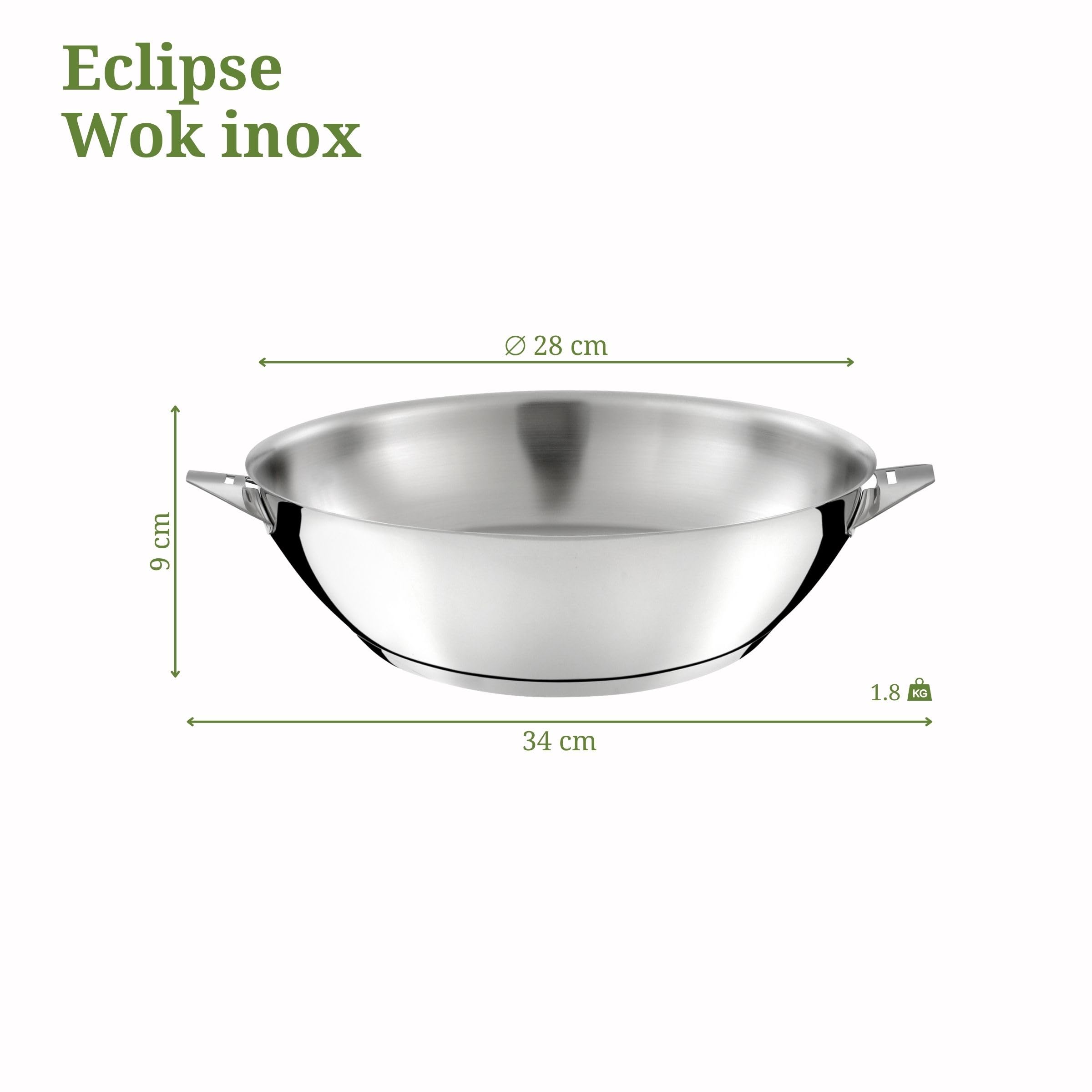 Cuisinox - Eclipse - Wok 28 cm tout inox - Fond encapsulé - Compatible tous feux dont induction - Acier Inoxydable 18/1 - Finition miroir - Poignée amovible effet bois