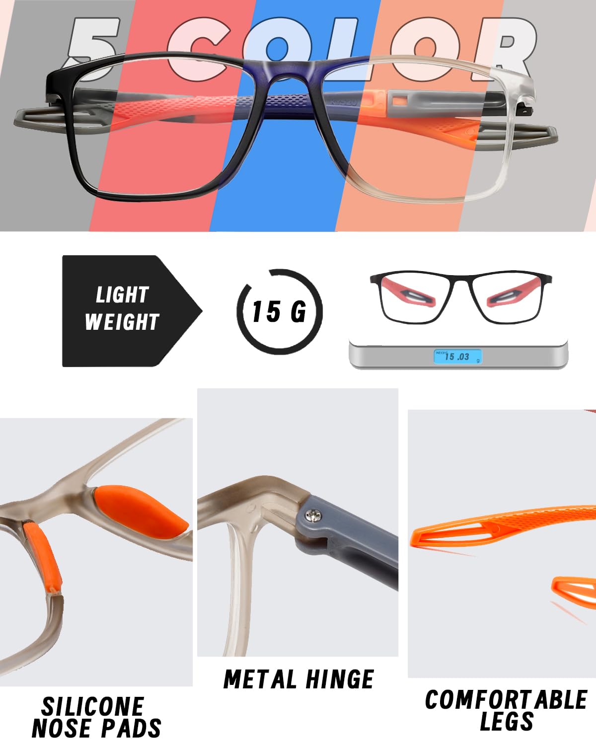 Hubeye 5 Pares Gafas de lectura deportiva para mujeres y hombres ultraligeras anteojos de lectura gafas anti luz azul 1.50