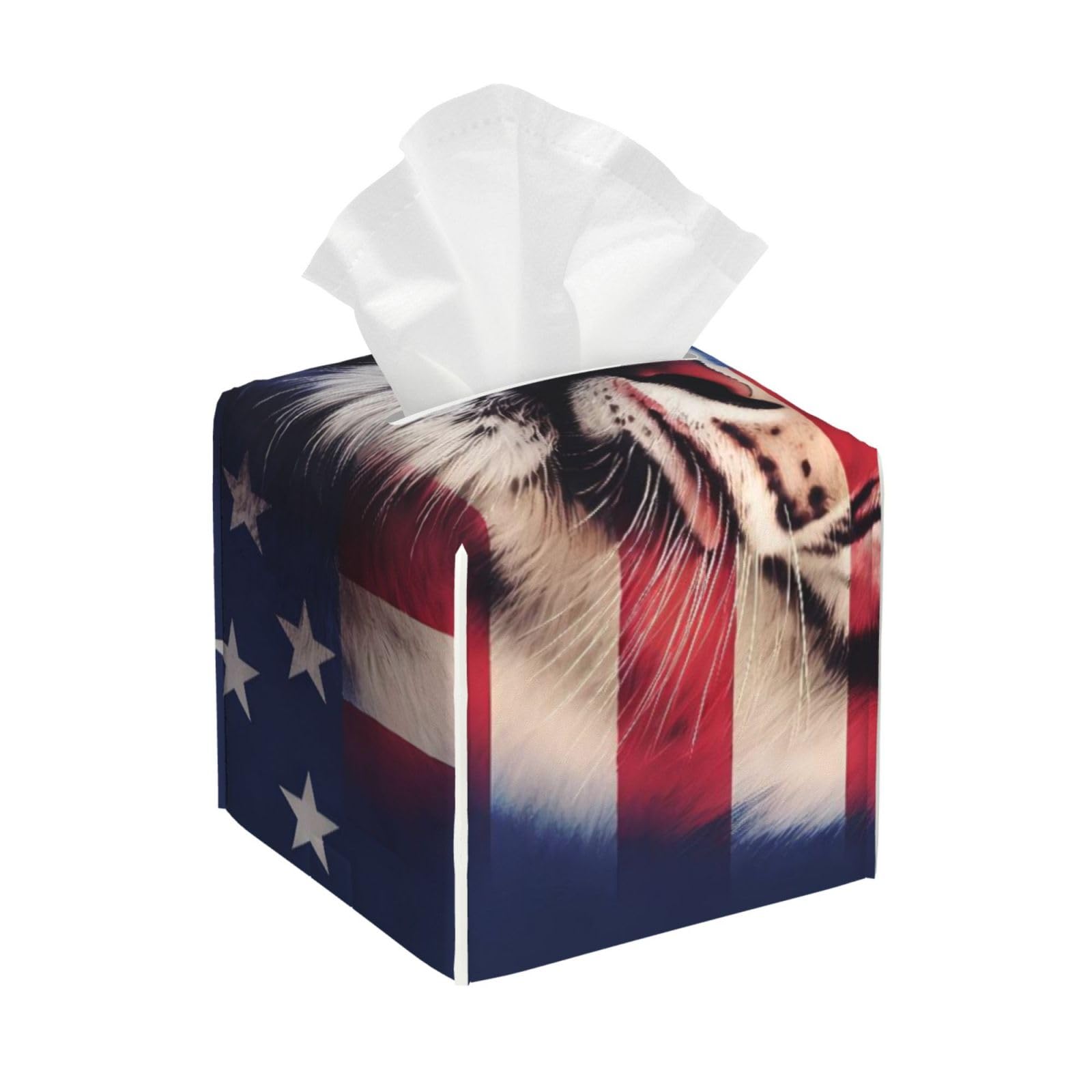 American Flag Tiger Flag Art Print Leather Tissue Box Cover Holder Square Facial Paper Organizer 5.2" X 5.2" X 5.2"