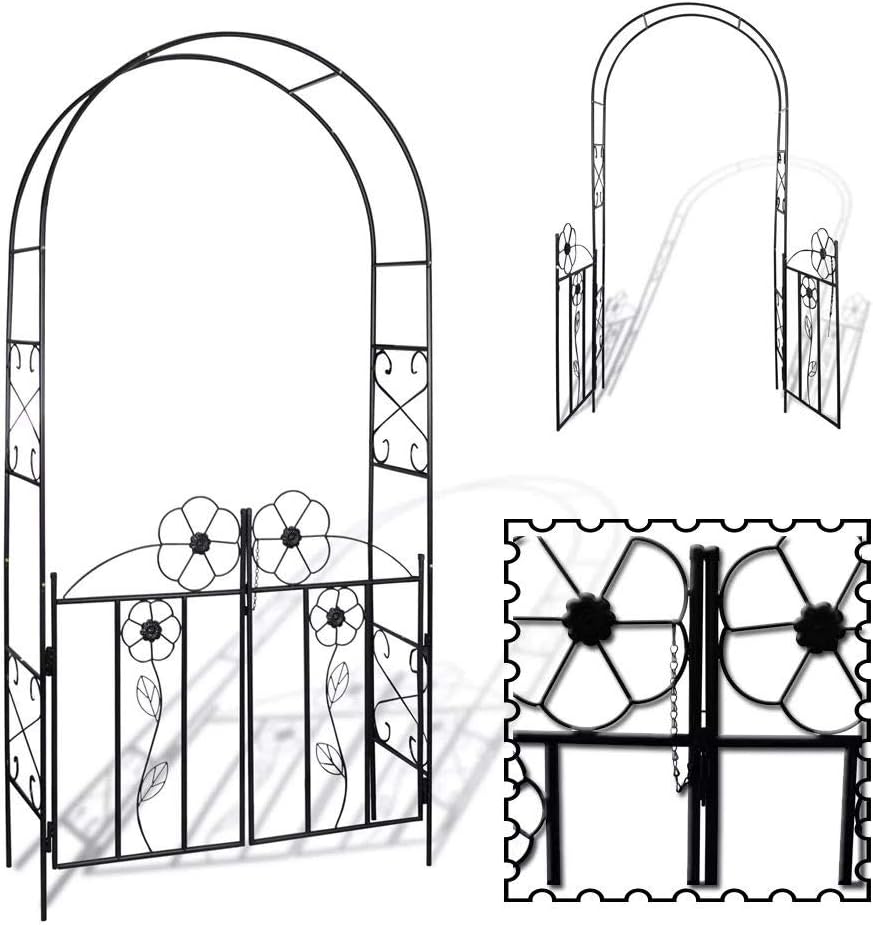 Tidyard Garden Arch, Black Iron 7.5 ft Tall Outdoor Arch with Doors for Climbing Plants, Powder-Coated Metal Garden Gate for Patio and Yard Decor