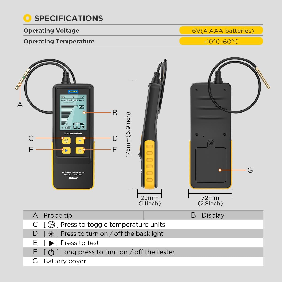 AUTOOL Tester płynu wspomagania układu kierowniczego, cyfrowy analizator transmitancji z wyświetlaczem temperatury, 2,8-calowy ekran z podświetleniem HD, elastyczna sonda 350 mm