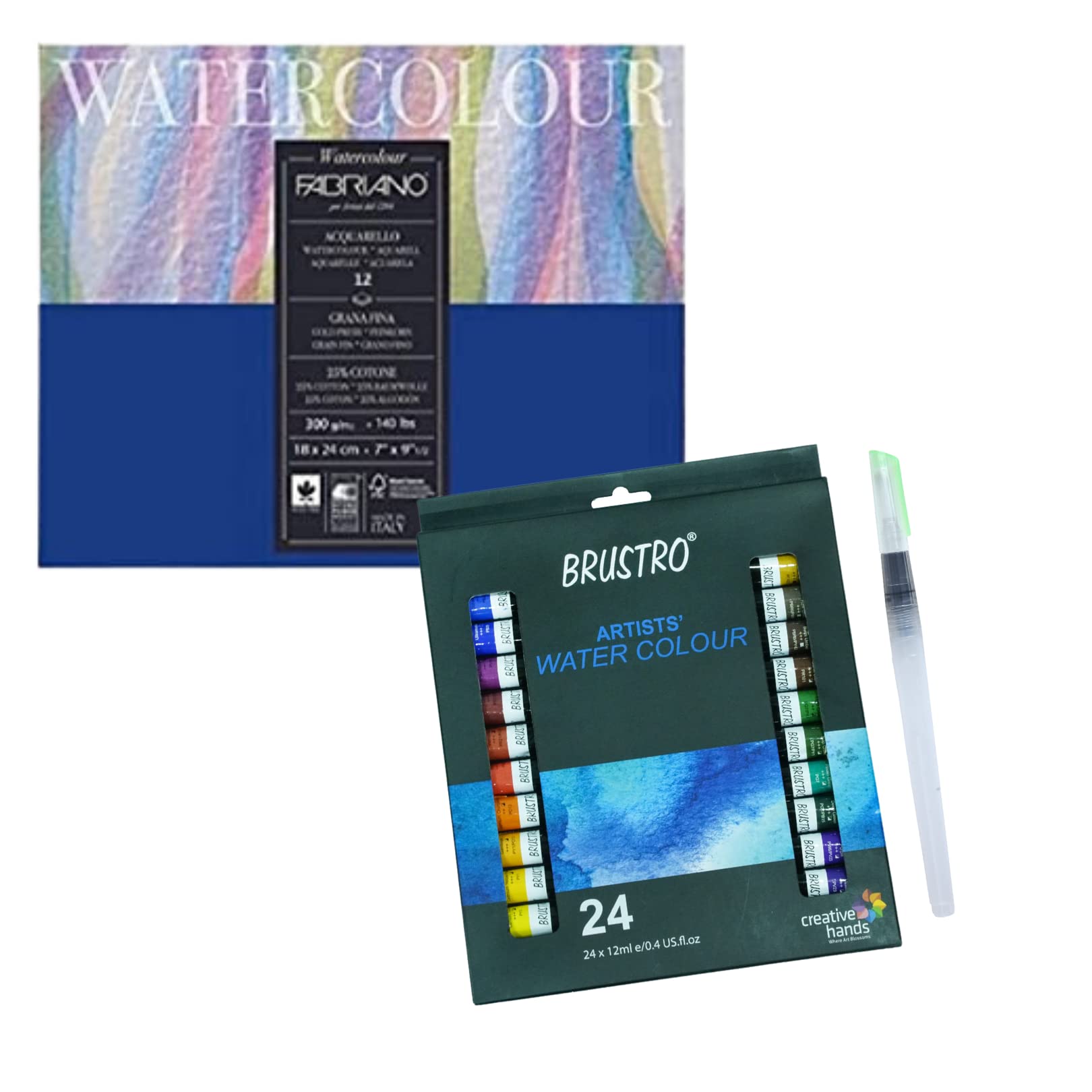 BRUSTRO Künstler-Aquarell-Set mit 24 Farben x 12 ml Tuben und 1 Aqua-Squeeze-Pinsel mit Fabriano-Studio-Aquarellblock, 18 x 24 cm