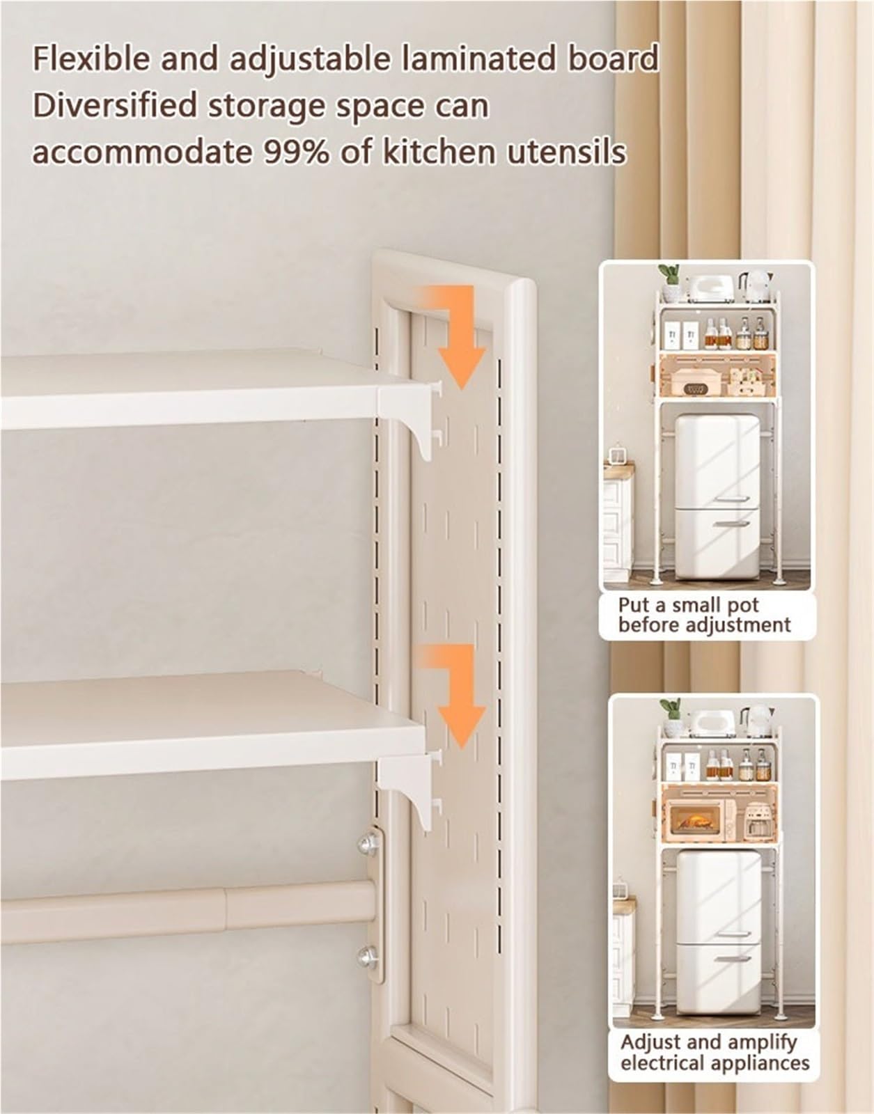Mini estante expandible de 3 niveles para nevera, estante de almacenamiento de microondas y refrigerador de altura ajustable para organización de cocina, diseño resistente (blanco, se adapta a menos