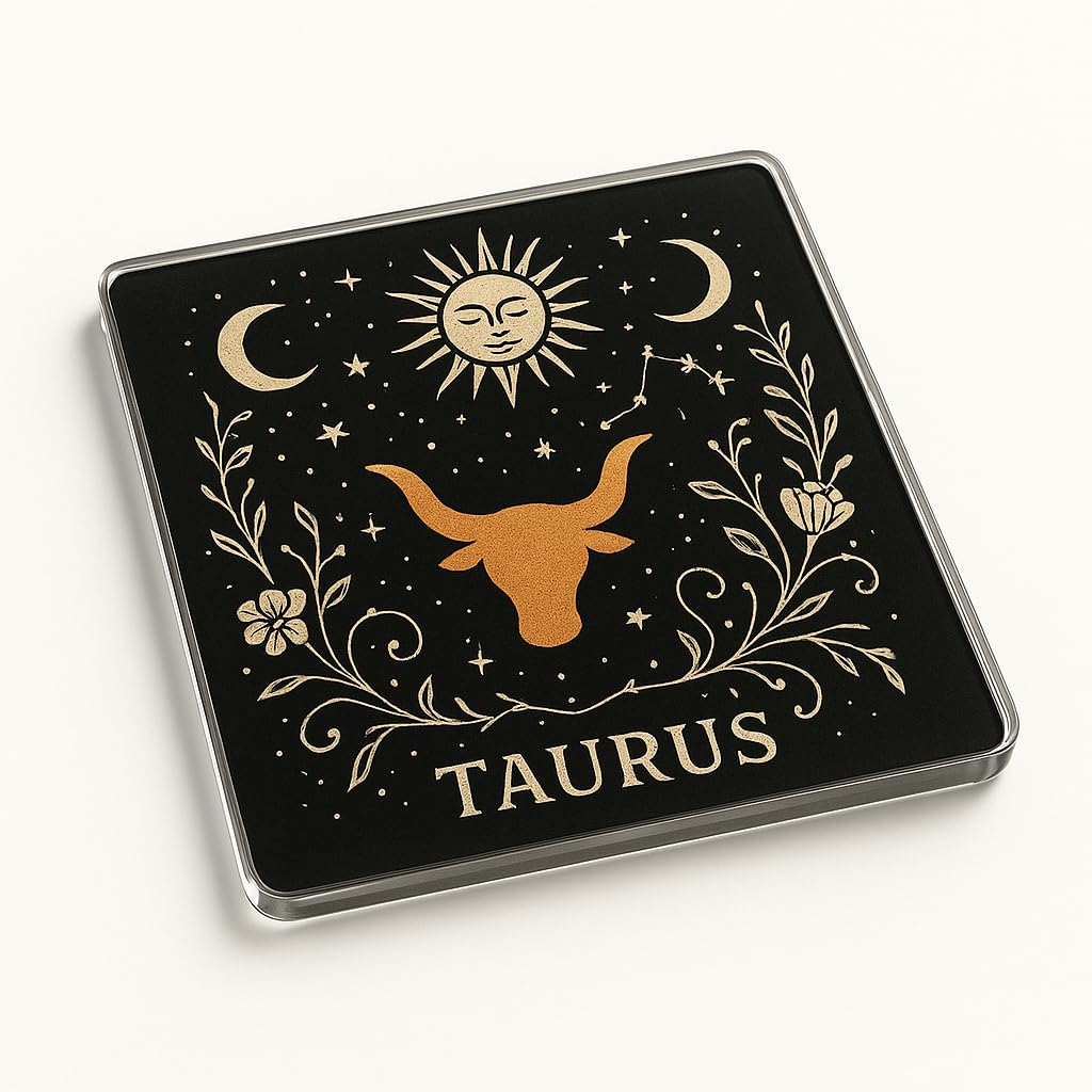 Mystical Acrylic Coaster Gift - Boho Celestial Taurus Design with Zodiac Symbols and Constellations