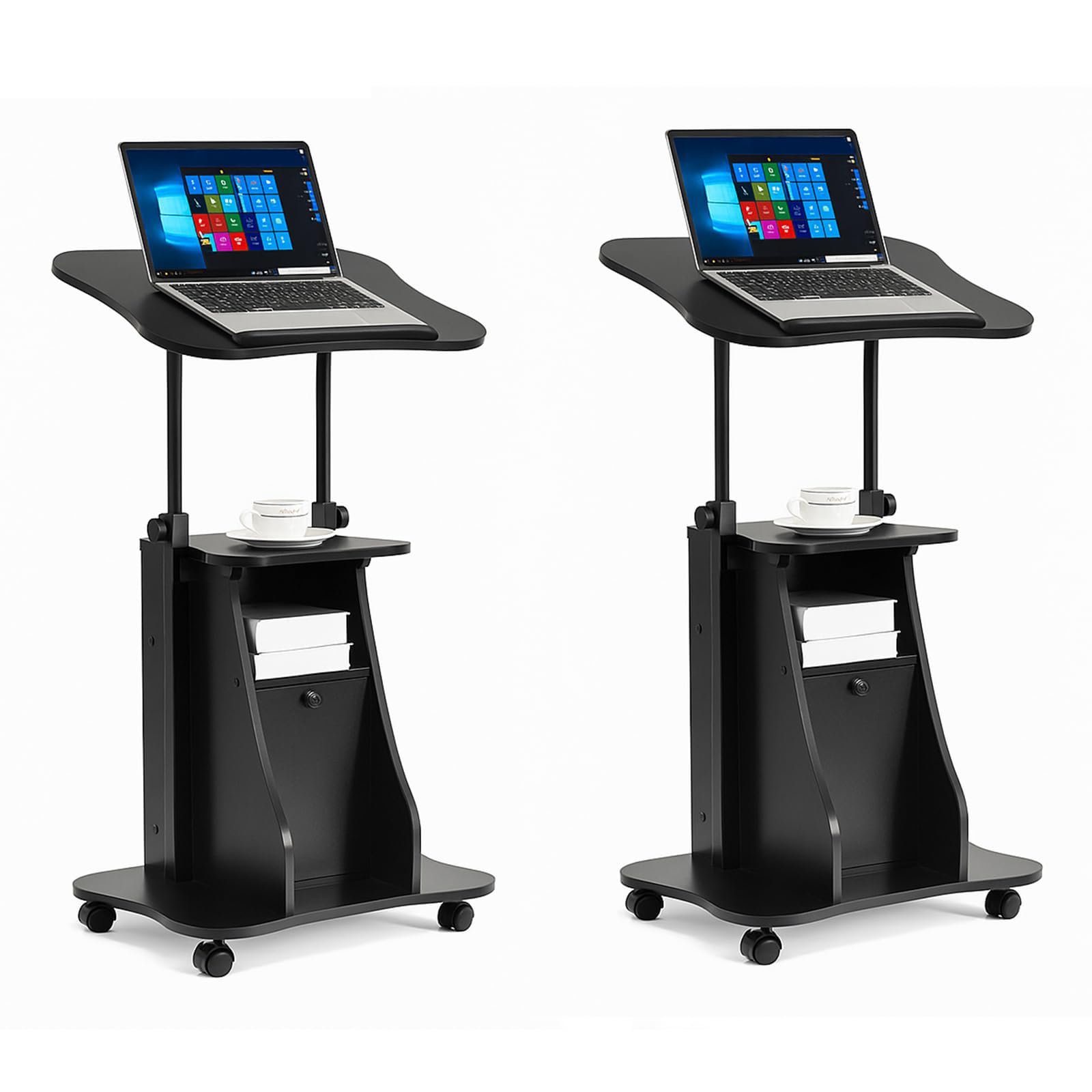 Tangkula Mobile Laptop Podium, Height Adjustable Sit to Stand Desk with Tilting Desktop & Storage Cabinet, Ergonomic Rolling Lectern Cart Laptop Desk,