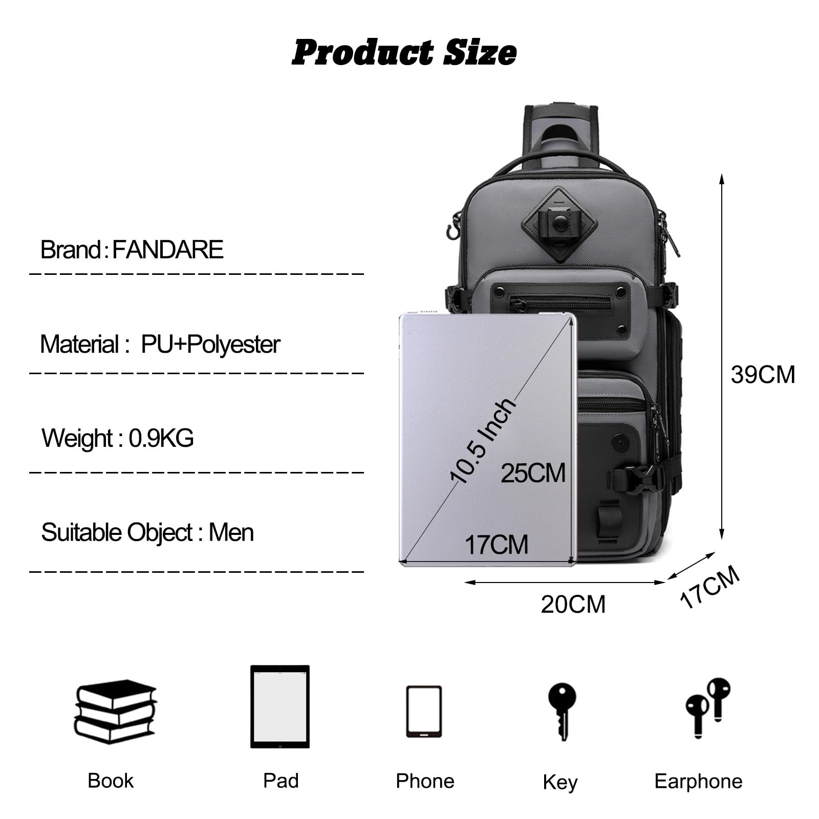 FANDARE Táctical Bolsa Cruzada Bolsa de Pecho Riñonera Hombre Bolso Hombro con Correa para trípode Mochila de Viaje Sling Crossbody Bag Bandoleras Bolso de Bandolera Escolar Gris Oscuro