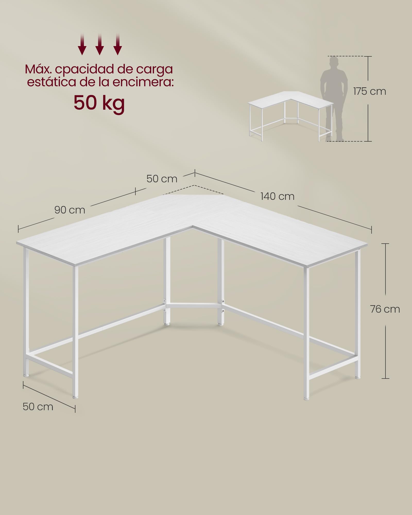 VASAGLE Escritorio, Mesa de Ordenador en Forma de L, 140 x 140 x 76 cm, Escritorio Esquinero, Ahorra Espacio, para Oficina Casa, Juegos, Fácil de Montar, Blanco Arce LWD073W01V1