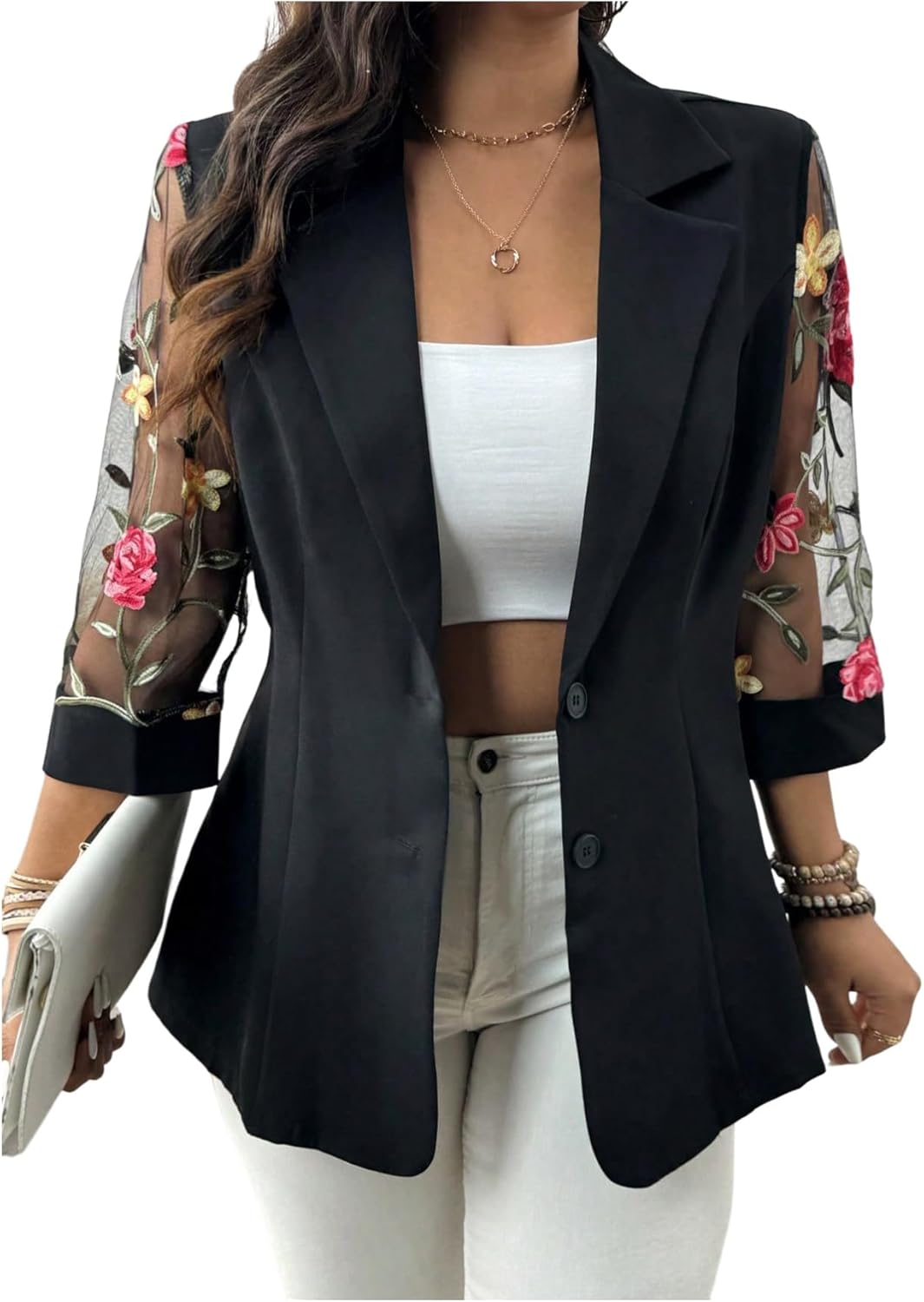 WDIRARA Women's Plus Size Floral Embroidered Mesh Button Down Blazer 3/4 Sleeve Collared Suit Jackets