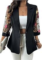 WDIRARA Women's Plus Size Floral Embroidered Mesh Blazer - 3/4 Sleeve Button-Down Collared Jacket for Curvy Figures