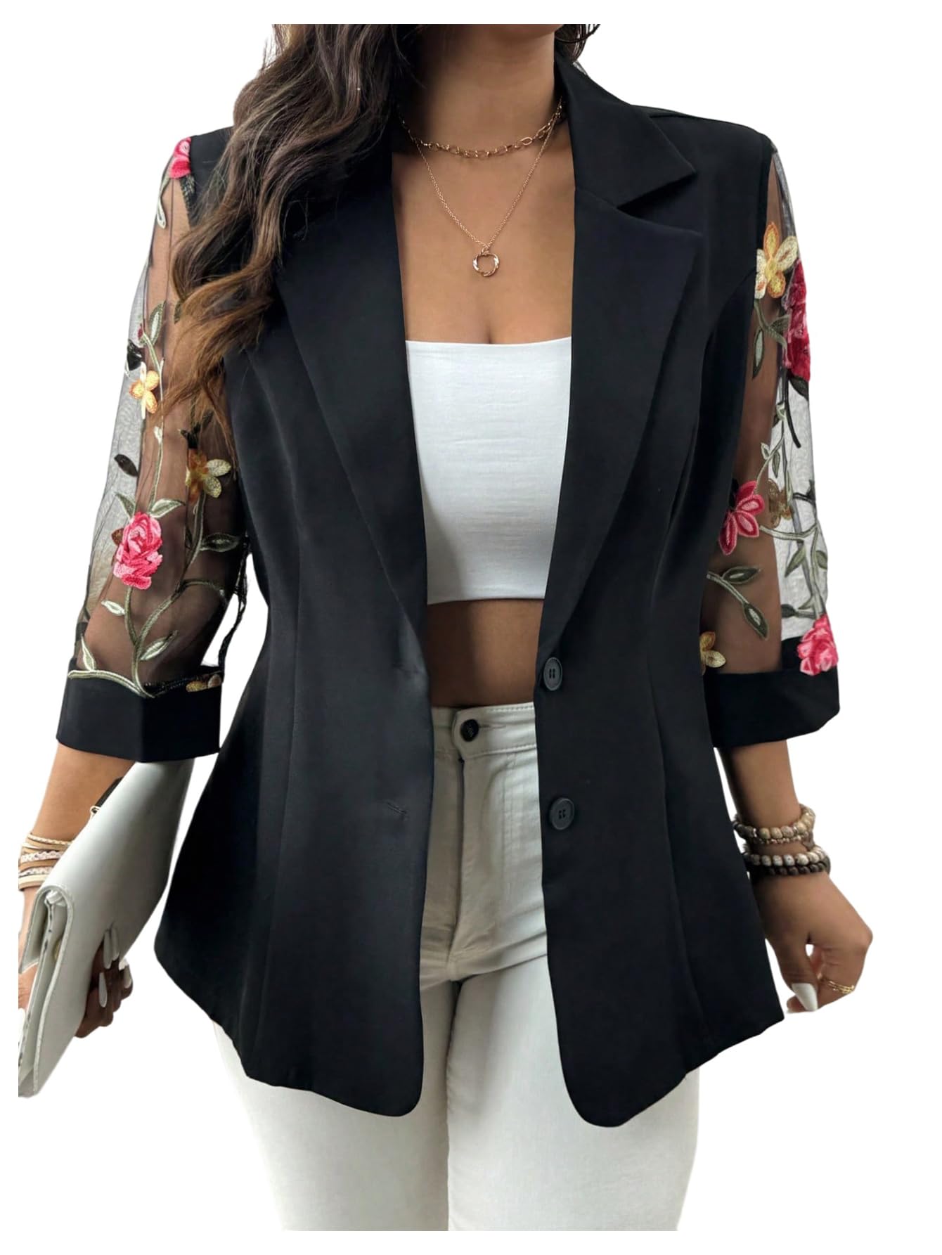 WDIRARA Womens Plus Size Floral Embroidered Mesh Button Down Blazer 3 4 Sleeve Collared Suit Jackets