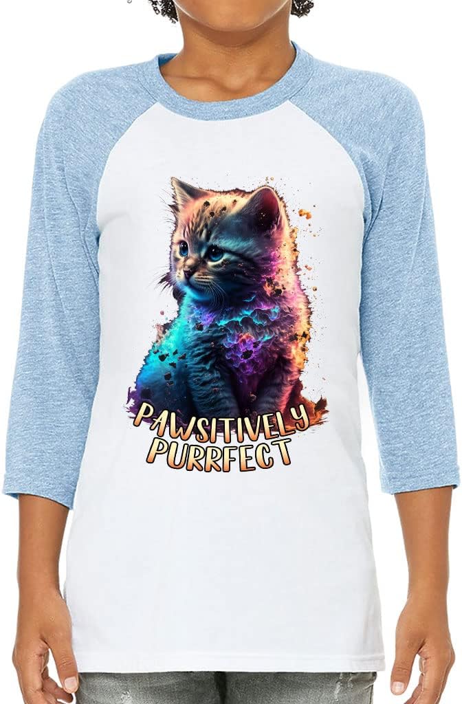 Pawsitively Purrfect Kids' Baseball T-Shirt - Print 3/4 Sleeve T-Shirt - Cat Art Baseball Tee