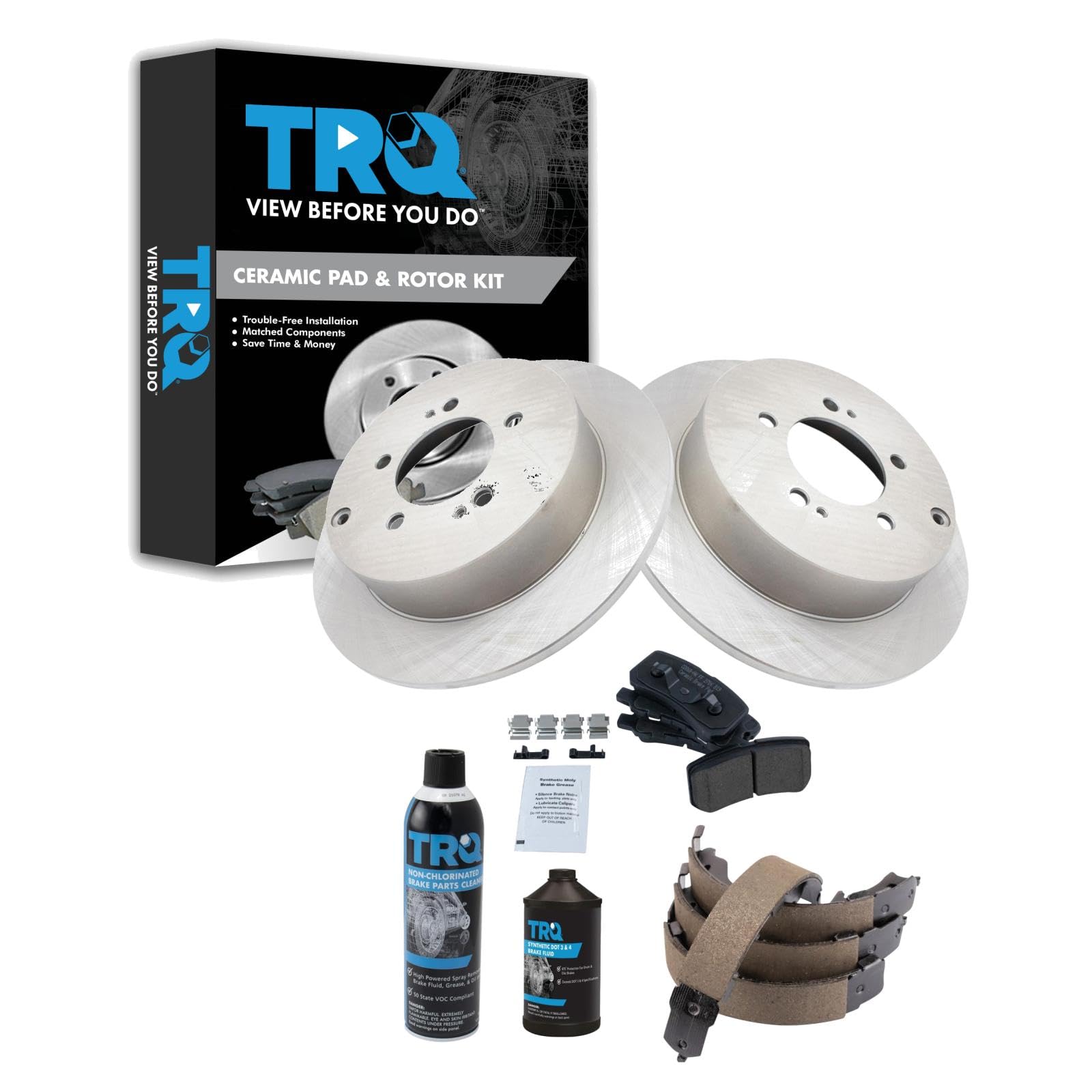 TRQ Rear Brake Pad &amp; Rotor Kit, with Chemical Kit Parking Brake Shoe Set Ceramic Compatible with 2008-2011 Mitsubishi Outlander