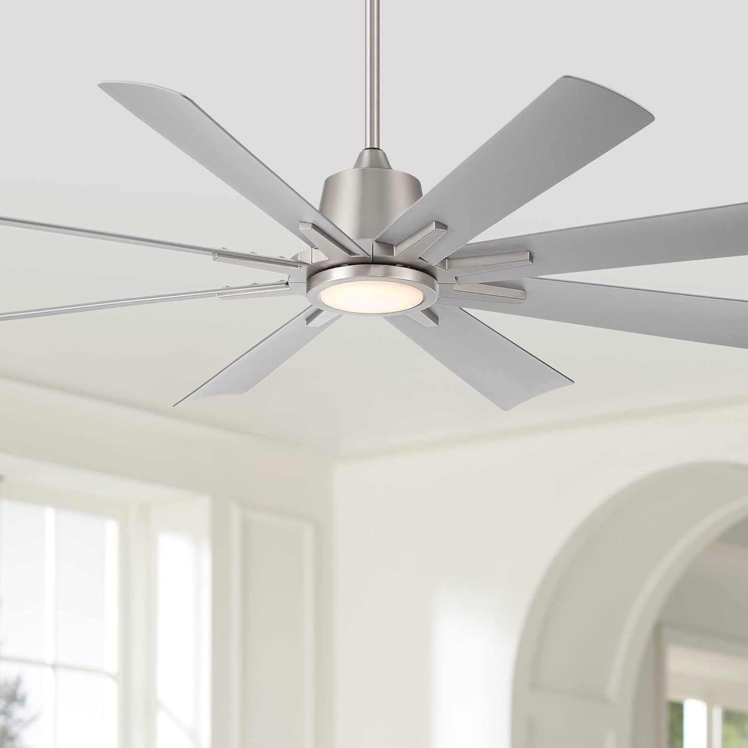Casa Vieja 54" Inspirit Modern Industrial Indoor Outdoor Ceiling Fan 8 Blade LED Light Remote Control Brushed Steel Finish Silver Blades Bedroom Patio Living Room Damp Rated Decorative DC Motor