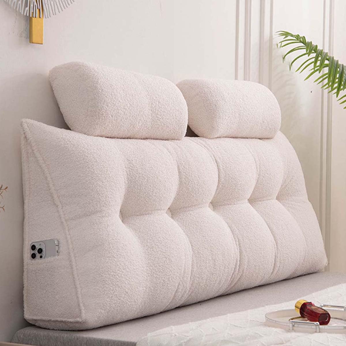 Poduszka na klin + poduszka pod szyję, miękki, pluszowy, puszysty sofa, pozycjonowanie, podparcie lędźwiowe, duży, trójkątny oparcie do czytania, 80 x 50 x 20 cm, złamana biel