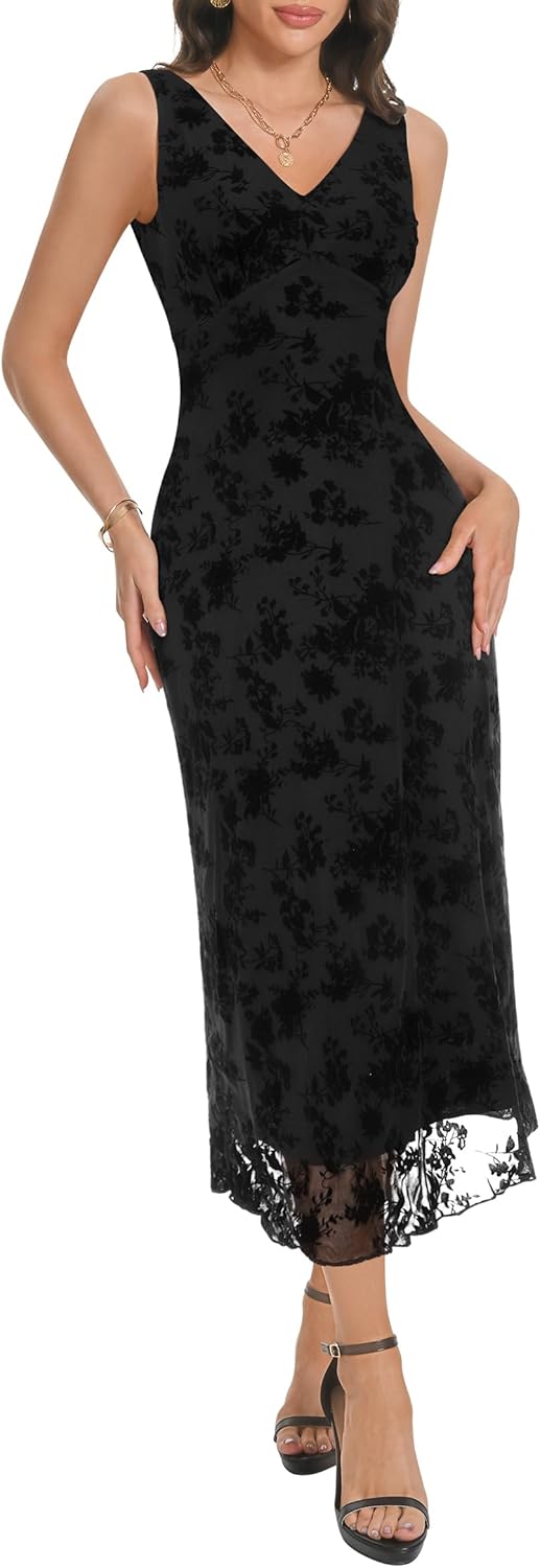 Women's Sexy V Neck Sleeveless Mesh Maxi Dresses Summer Casual Elegant Long Floral Dress Wedding Guest Cocktail Party - Image 5